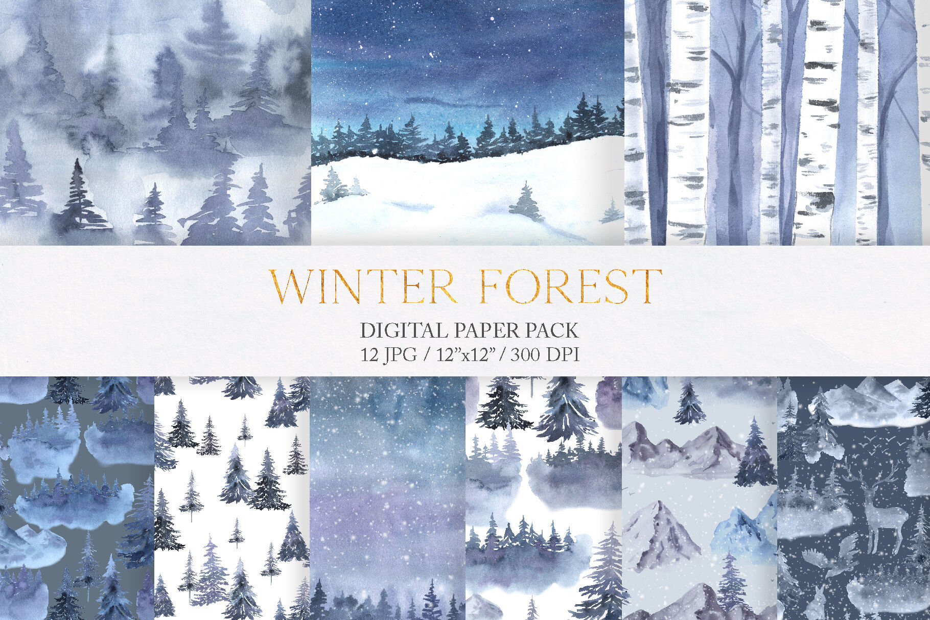 Watercolor Winter Forest Digital Papers By Larysa Zabrotskaya ...