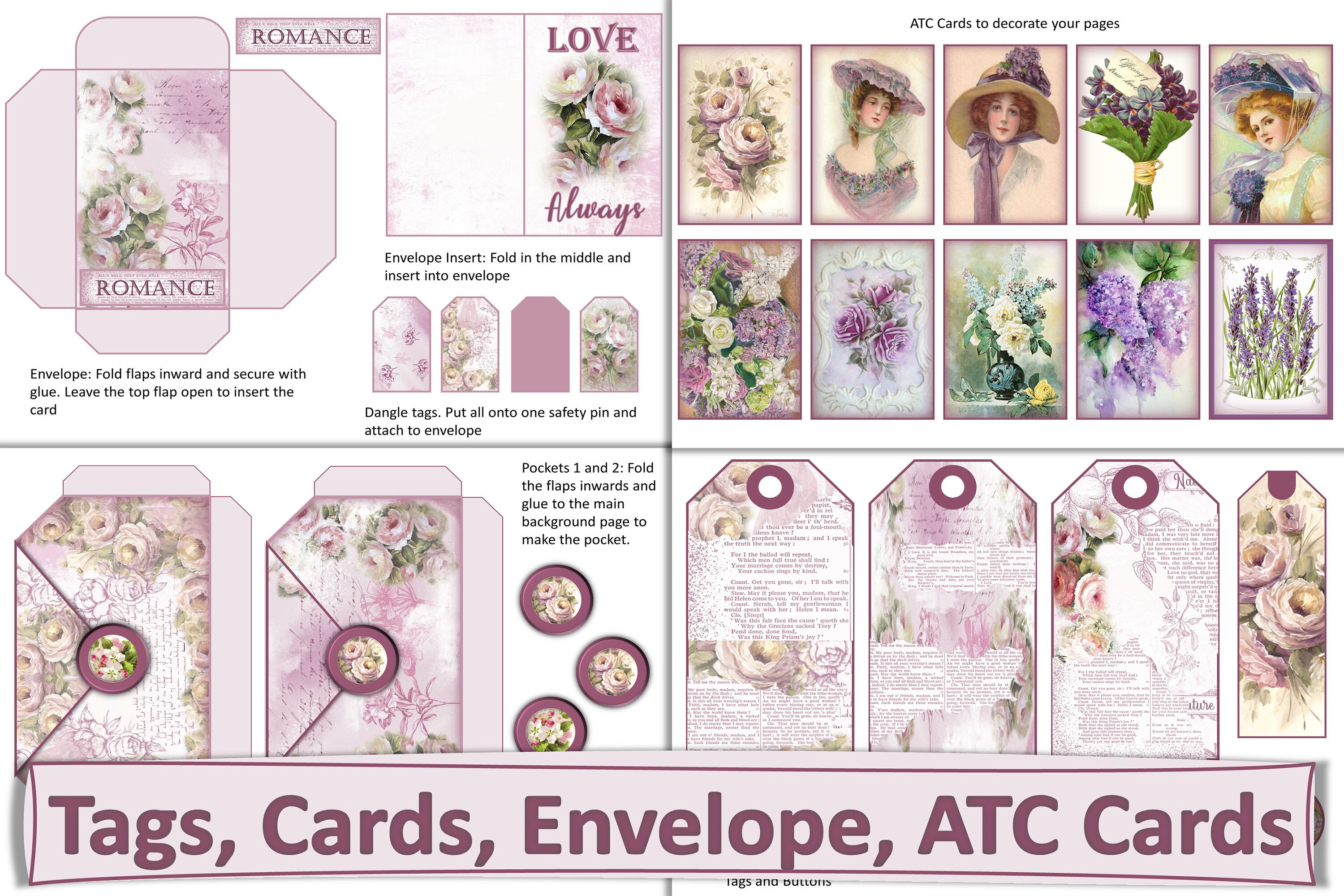Printable Shabby Chic Valentines Romance Junk Journal Kit By The