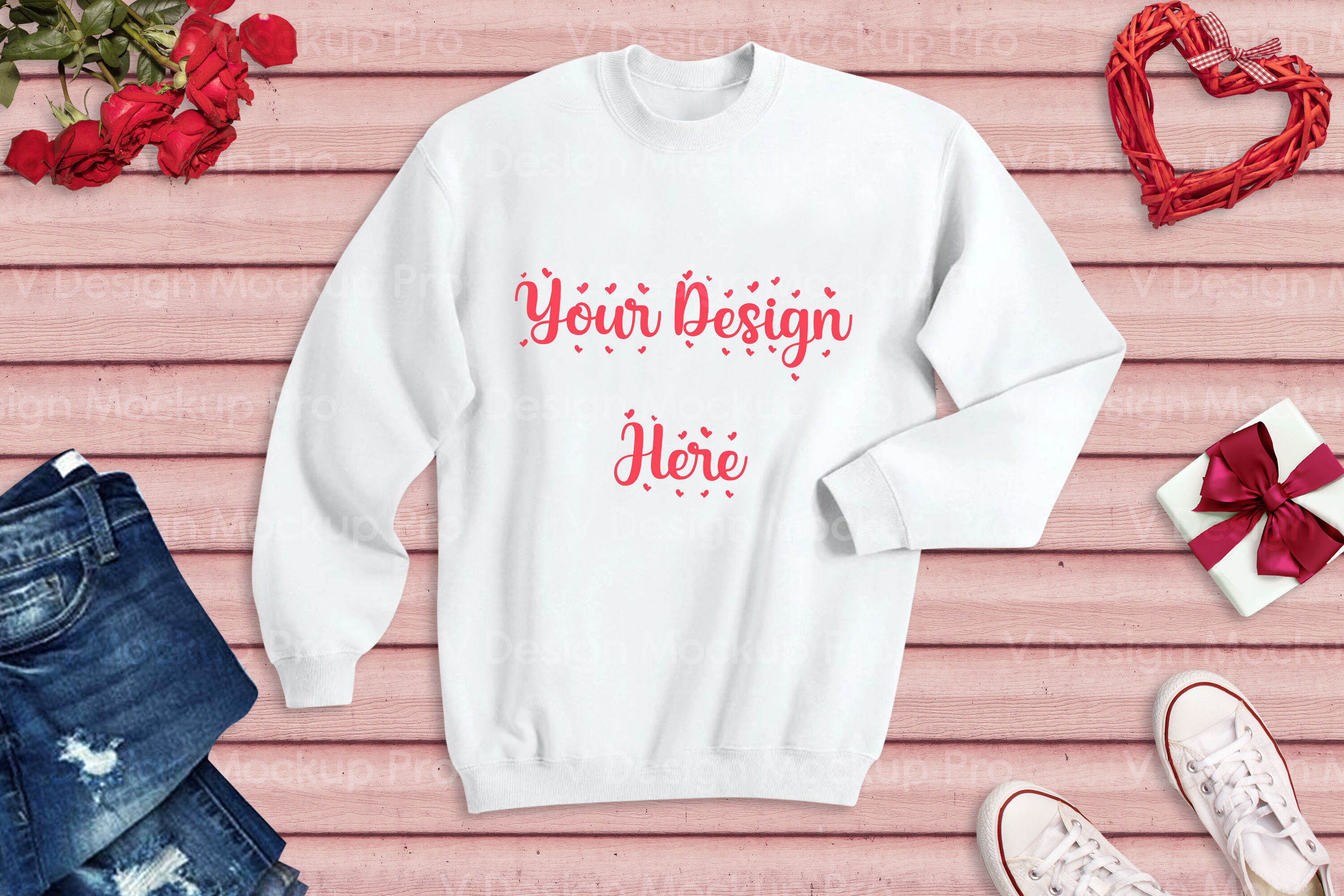 Valentine White Sweater Mock Up Pink Wood Background By Mandala