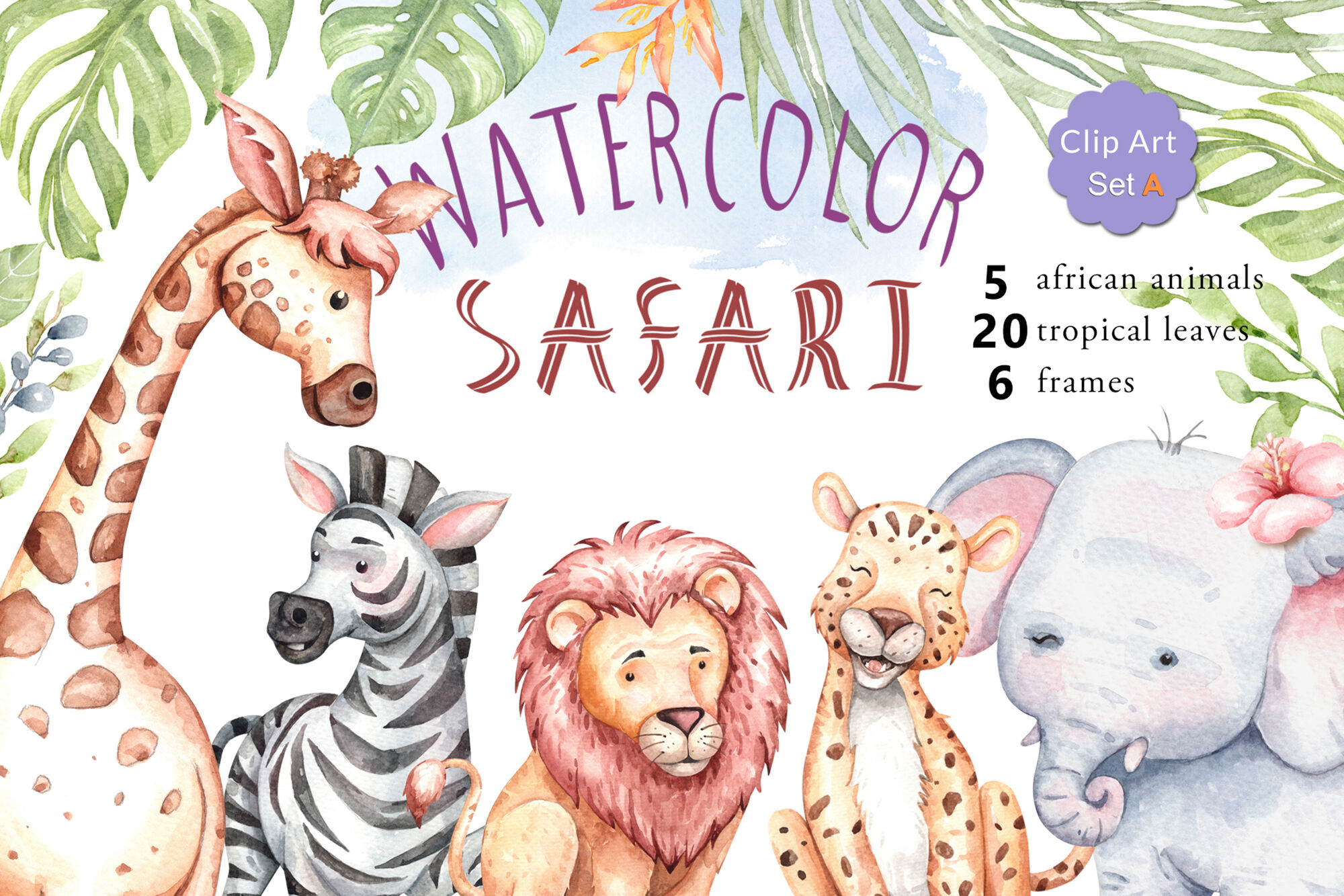 Watercolor safari animals and jungle element images. By SapG Art |  TheHungryJPEG