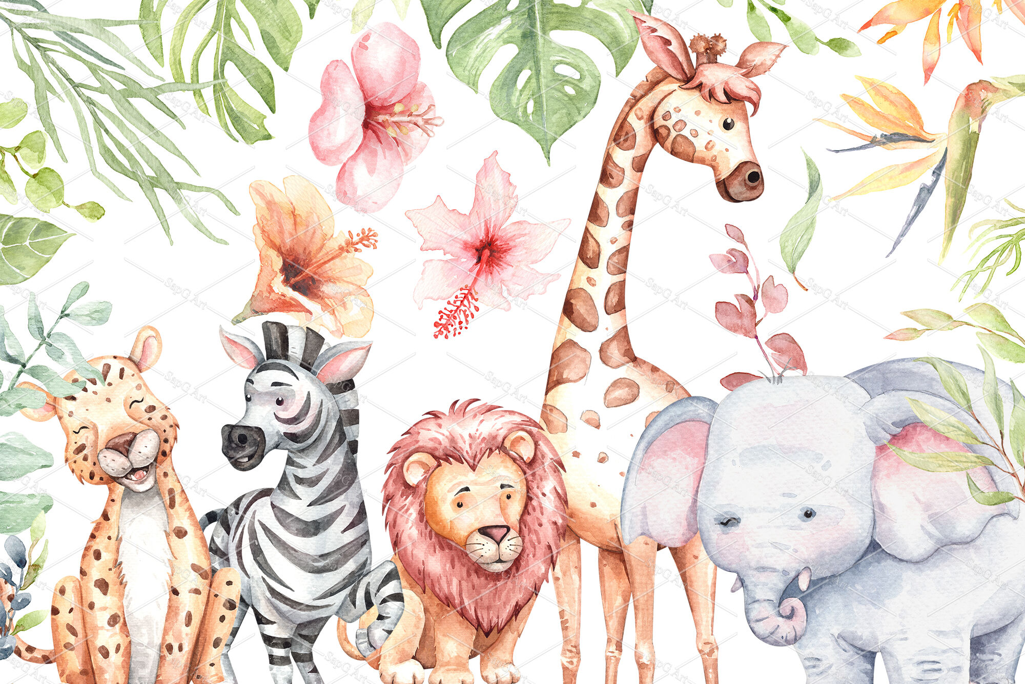 Watercolor safari animals and jungle element images. By SapG Art |  TheHungryJPEG