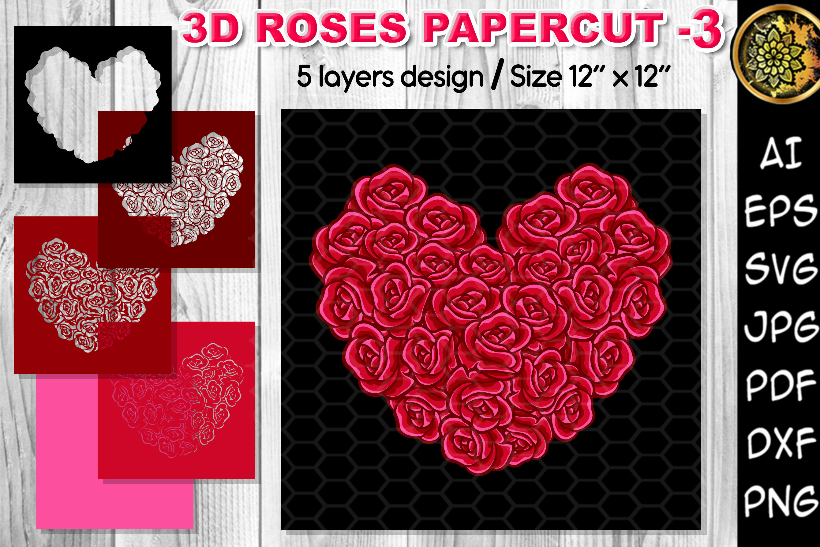 3d Valentine Rose Heart Multi Layered Flowers Papercut 3 By Mandala Creator Thehungryjpeg Com