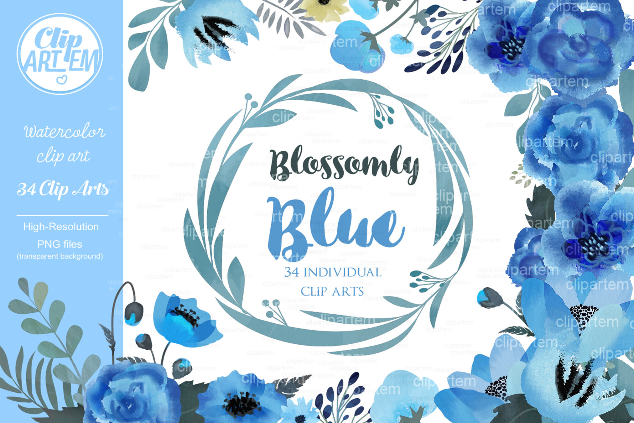 Floral Blue Watercolor clip art, Blue Flowers set 34 PNG files By
