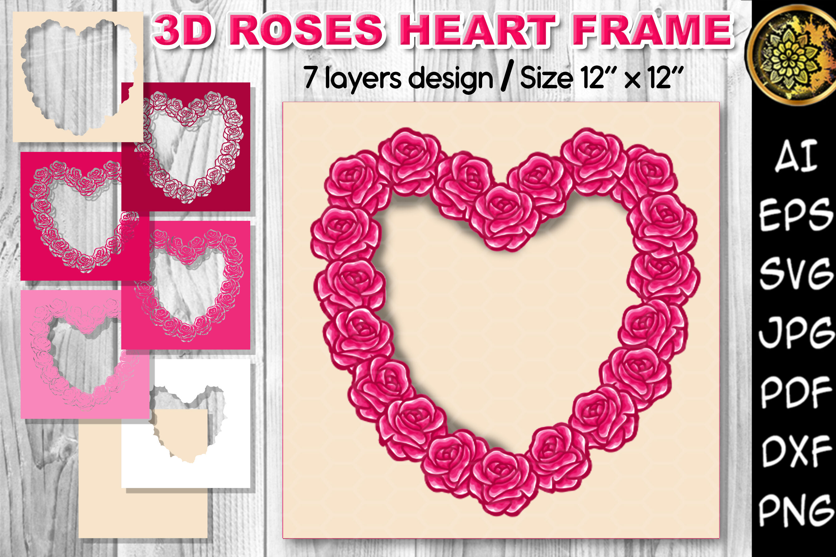 Download 3d Valentine Roses Flowers Heart Frame Svg Clipart Cutfiles By Mandala Creator Thehungryjpeg Com