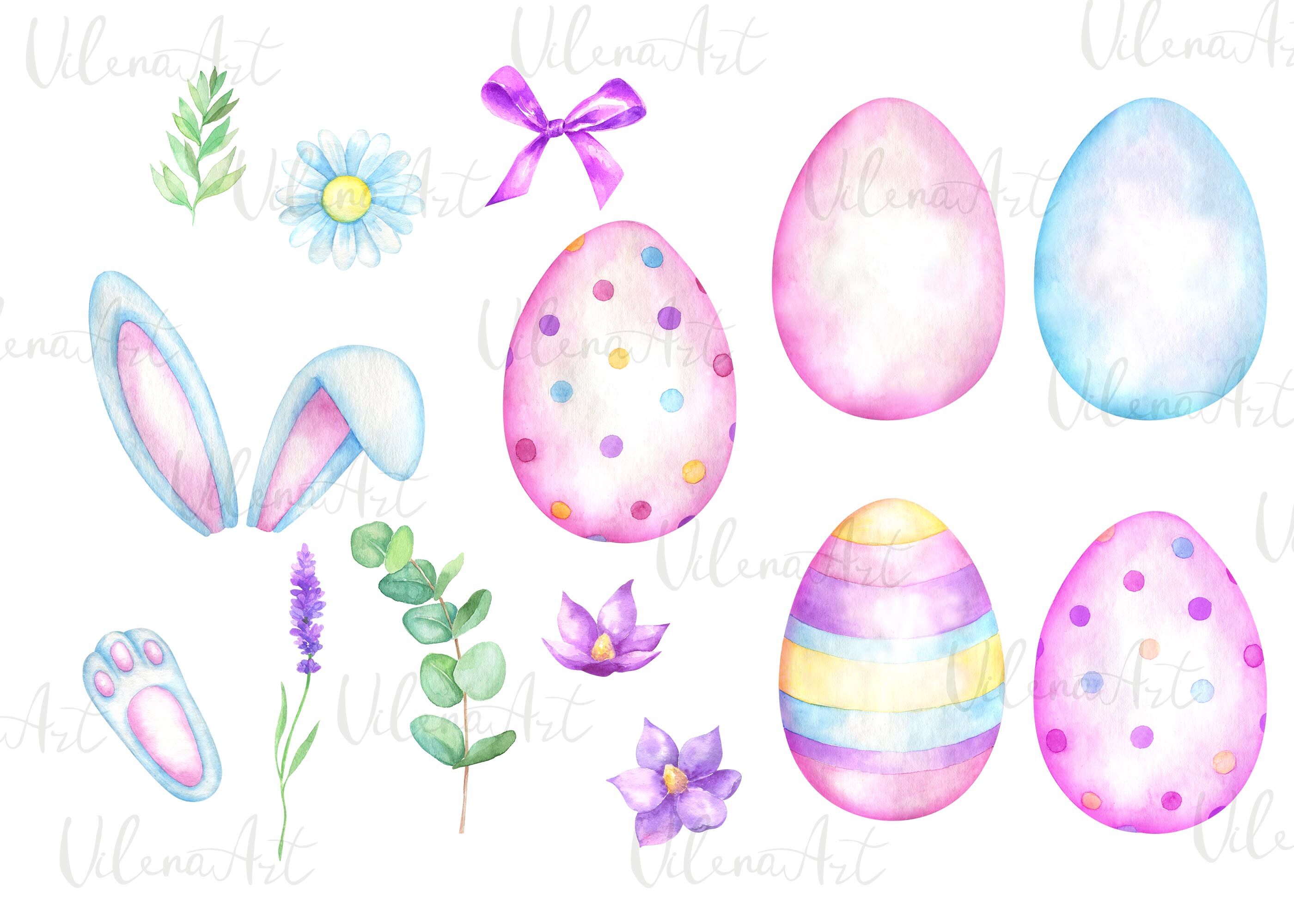 Watercolor Easter clipart bunny ears paws Easter eggs flowers PNG By  VilenaArt