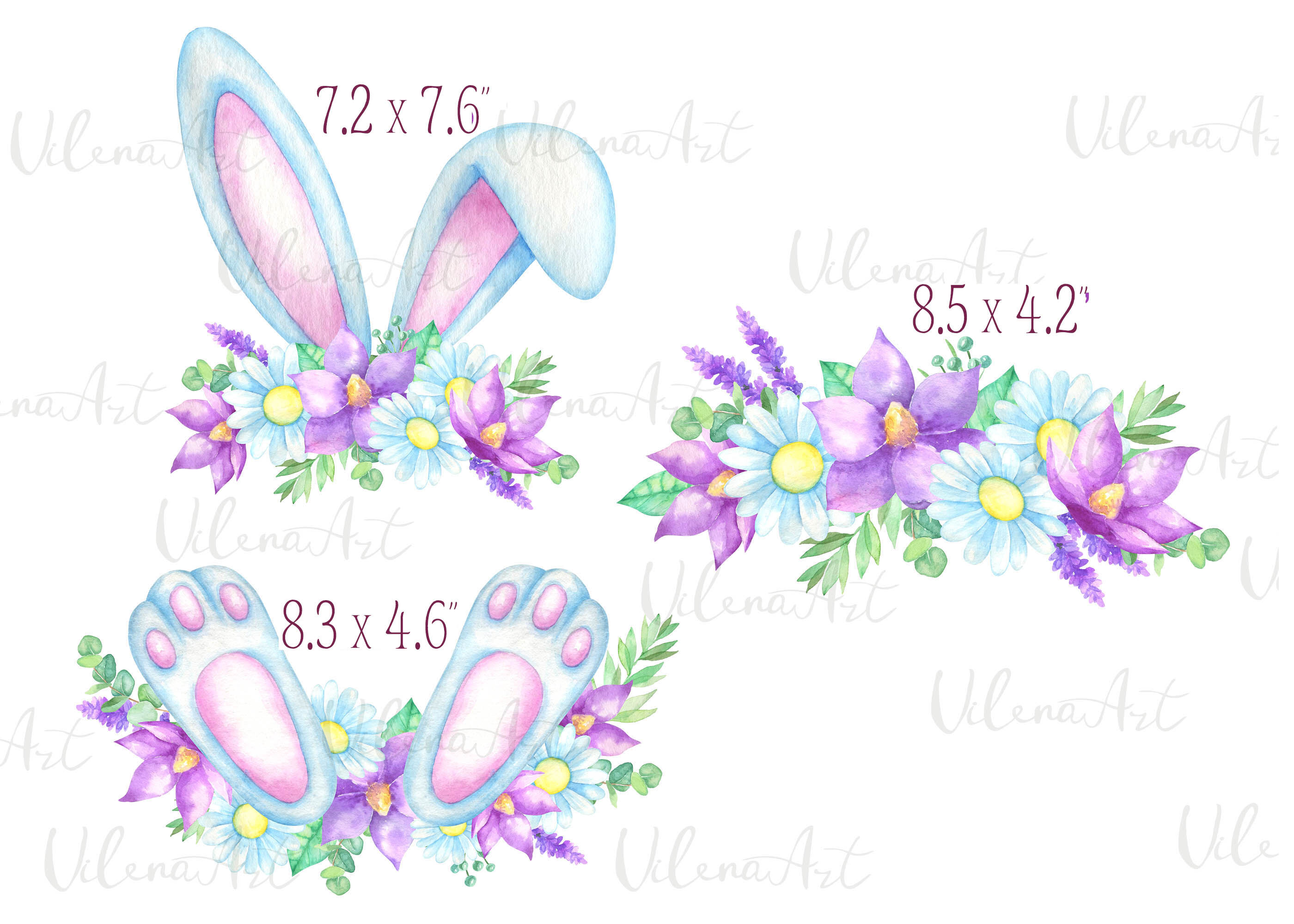 Watercolor Easter clipart bunny ears paws Easter eggs flowers PNG By  VilenaArt