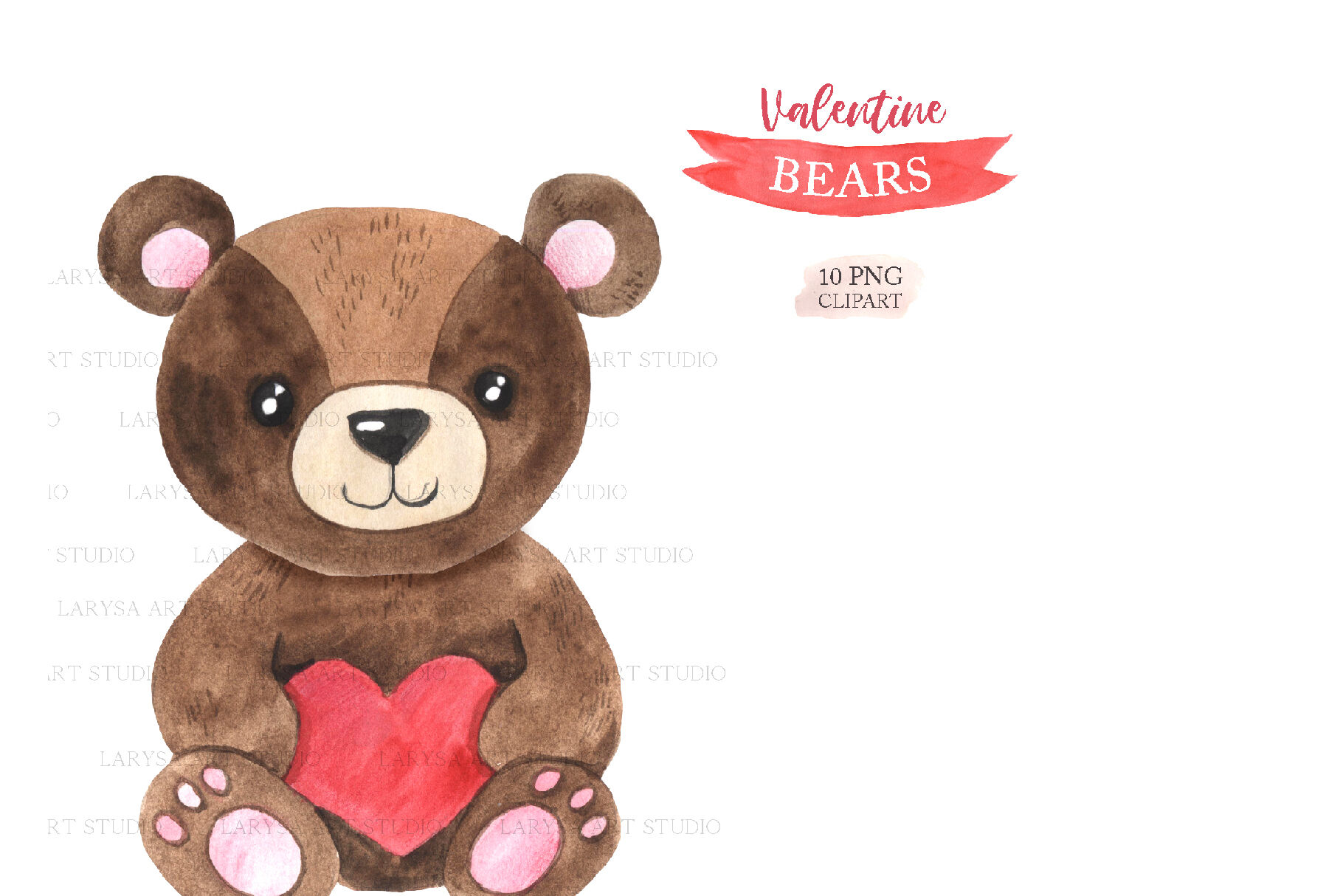 Valentine's Day. Watercolor set. teddy bear and hearts. PNG