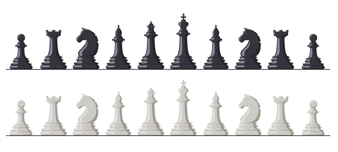 Chess game. Black and white chess pieces, king, queen, bishop
