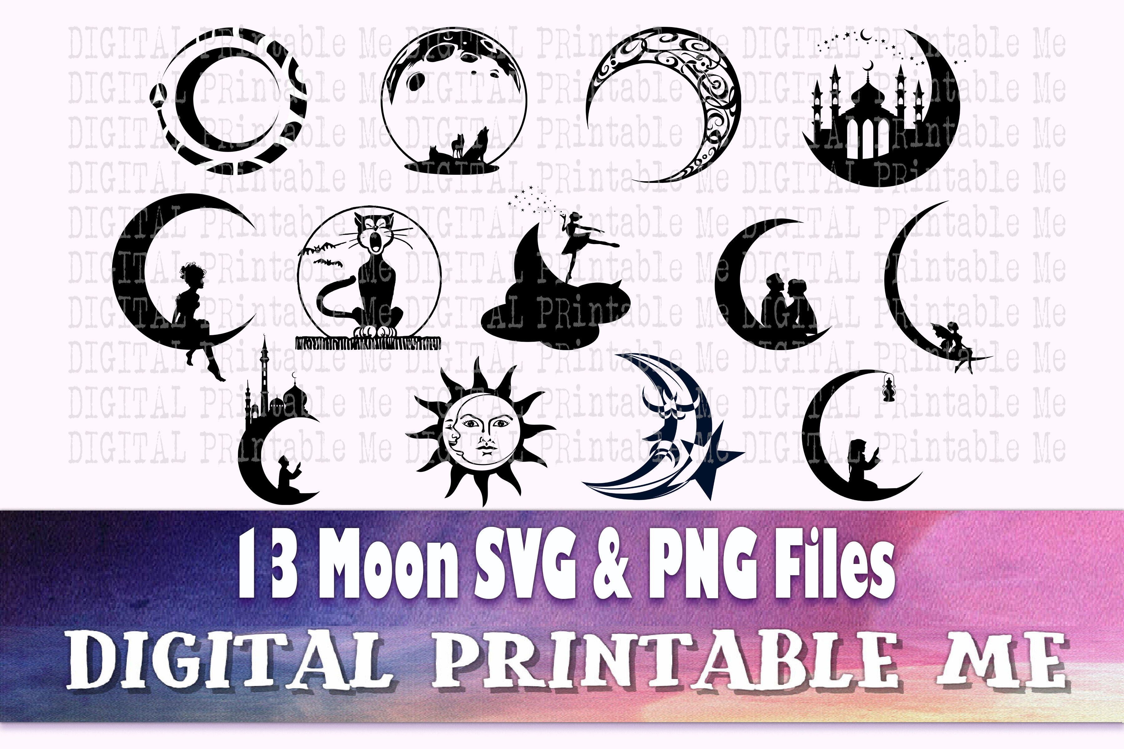 black cat and crescent moon - svg logo icon set