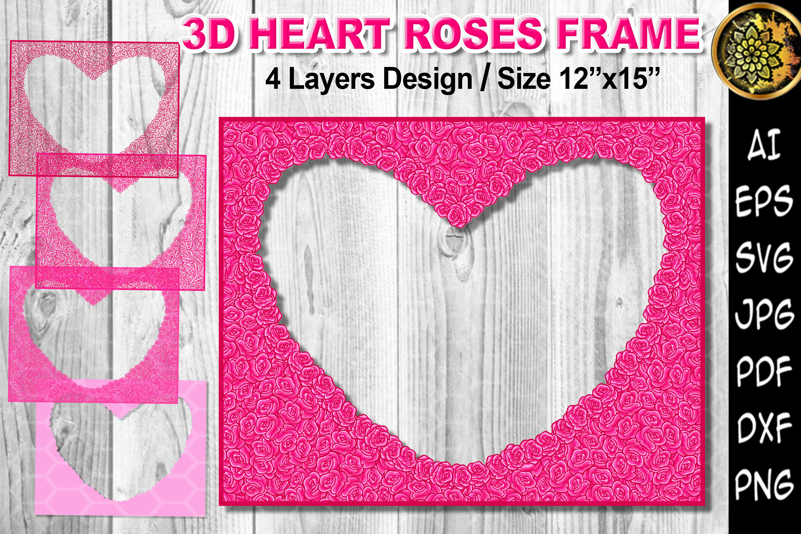 Download 3d Heart Pink Roses Layered Design Frame Svg Papercut By Mandala Creator Thehungryjpeg Com