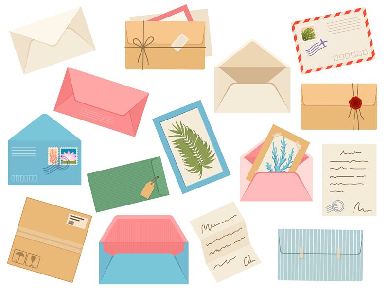Letters, cards and envelopes. Postcard, paper mail with postmark