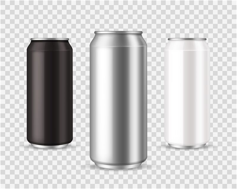 Metallic cans. Realistic black, silver and white tin mockup, front vie ...