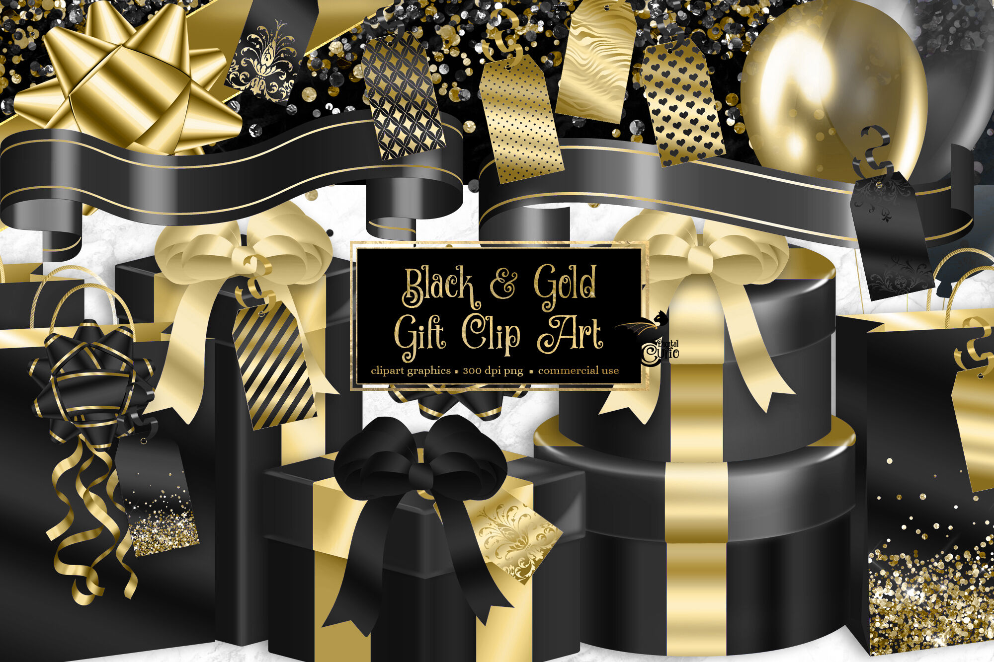 Black and Gold Party Decorations Clipart By Digital Curio