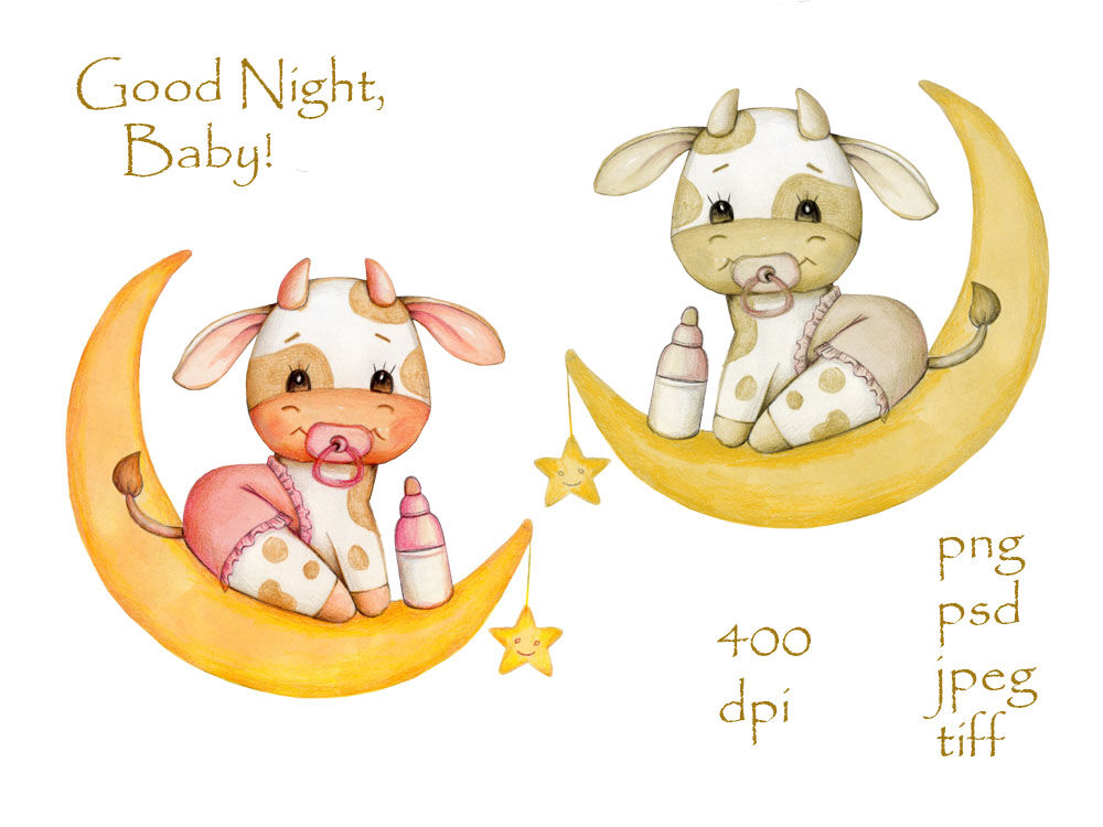 Baby Bull on Moon. Watercolor art. Cute illustration for children. By Teddy  Bears and their friends | TheHungryJPEG