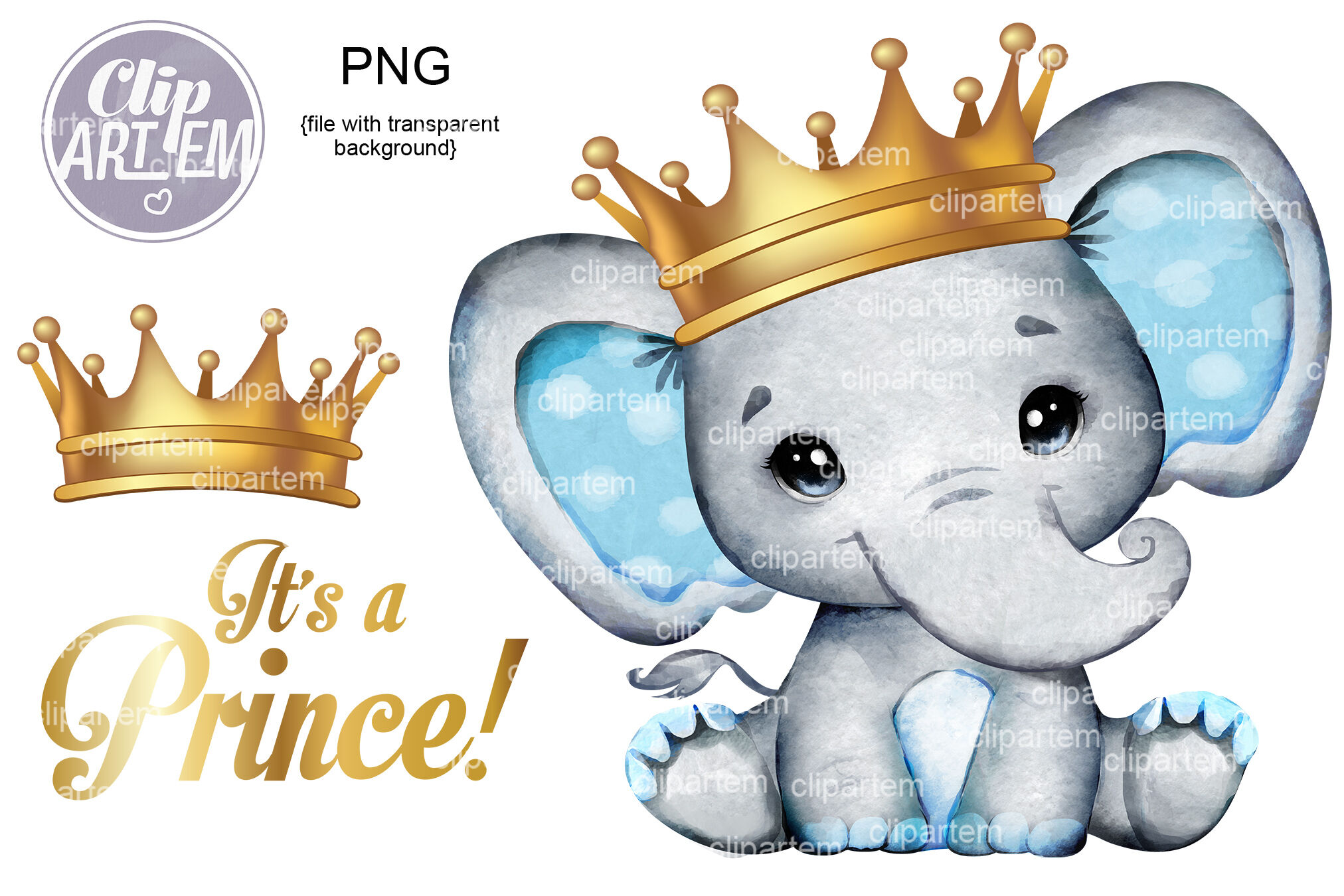 Blue Gold Crown Elephant PNG sublimation boy elephant images By