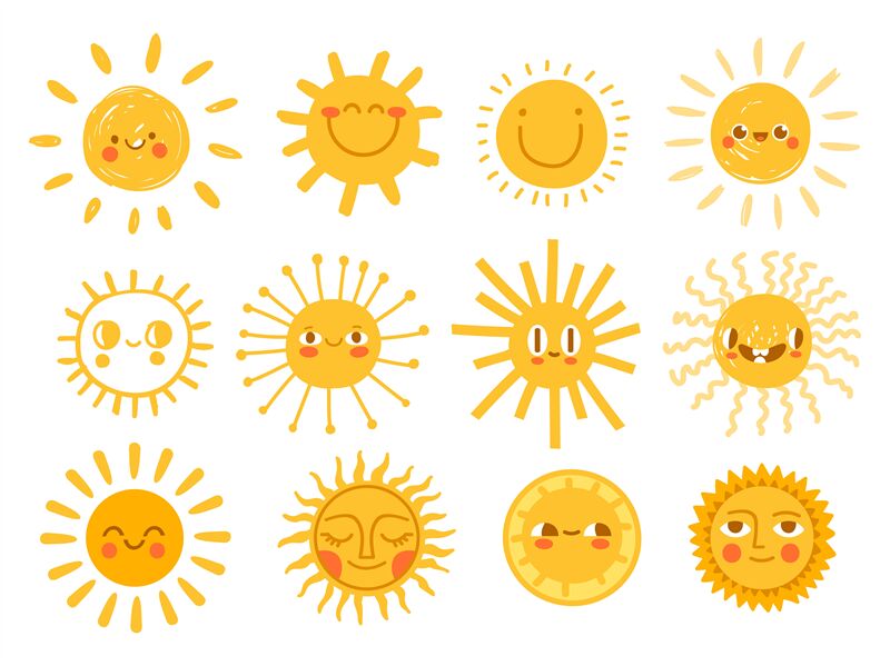 Sun characters. Cartoon sunshine emoji with funny faces. Children nurs ...