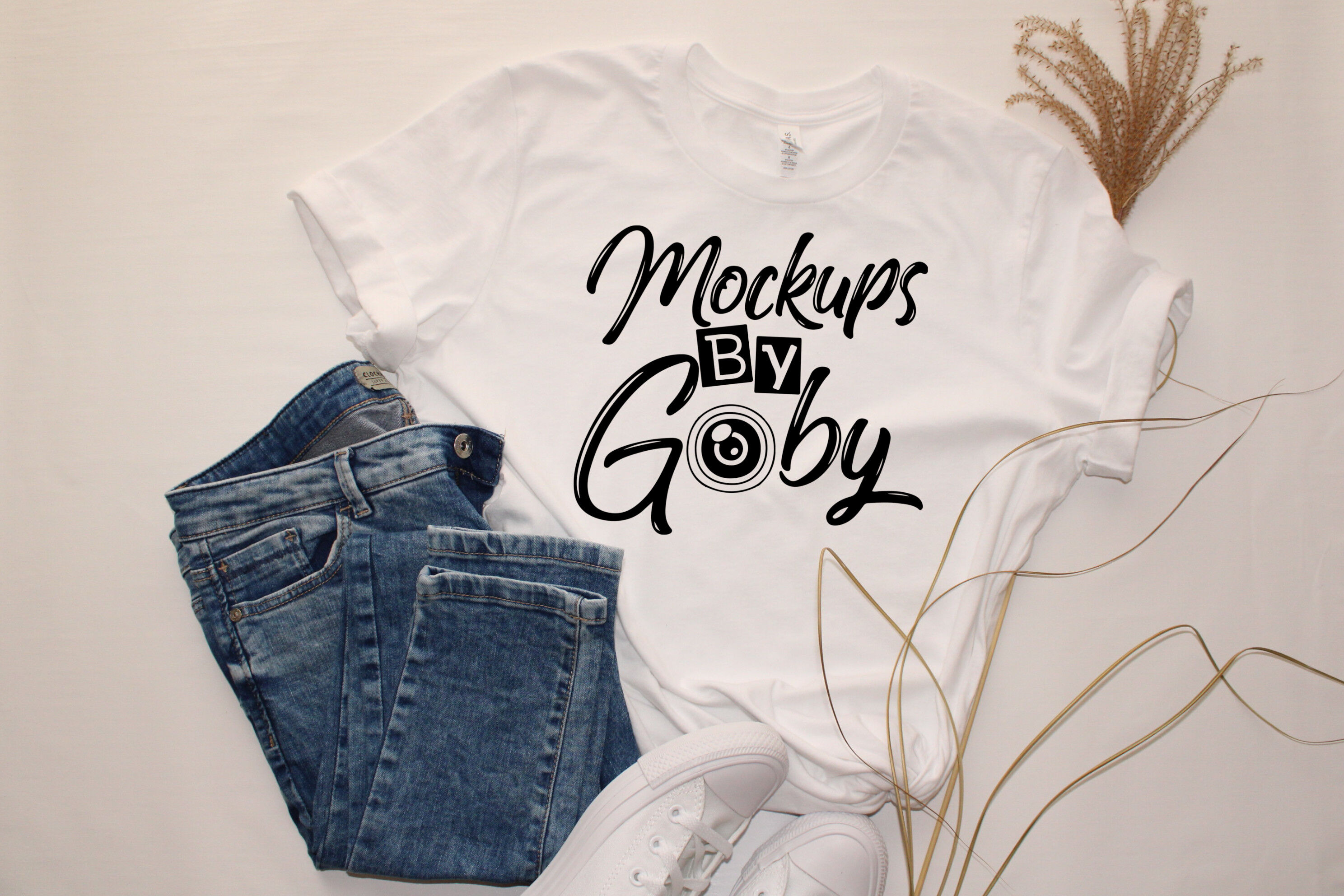 Download White T Shirt Mockups Jeans Template Rolled Sleeve Shirt Mock Up B By Mockupsbygaby Thehungryjpeg Com