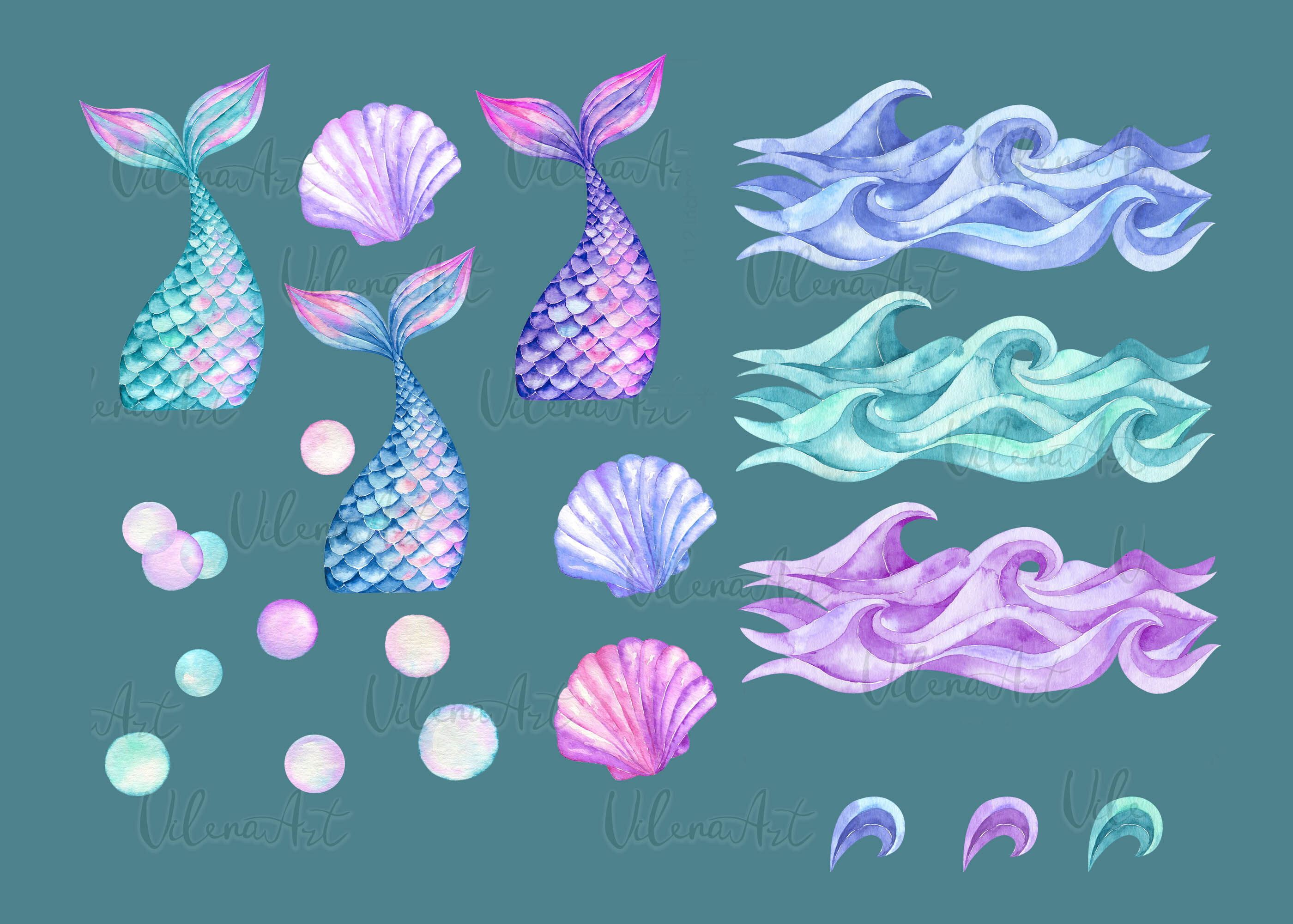 Watercolor Mermaid Tails Clipart Shells Waves Clip Art Tail Girl By