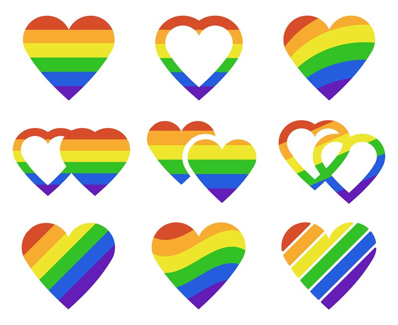 Lgbtq rainbow hearts. Pride month lgbtq parade heart shape flags, tran ...