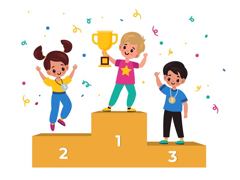 Kids winners. Winning podium with junior athletes, children with