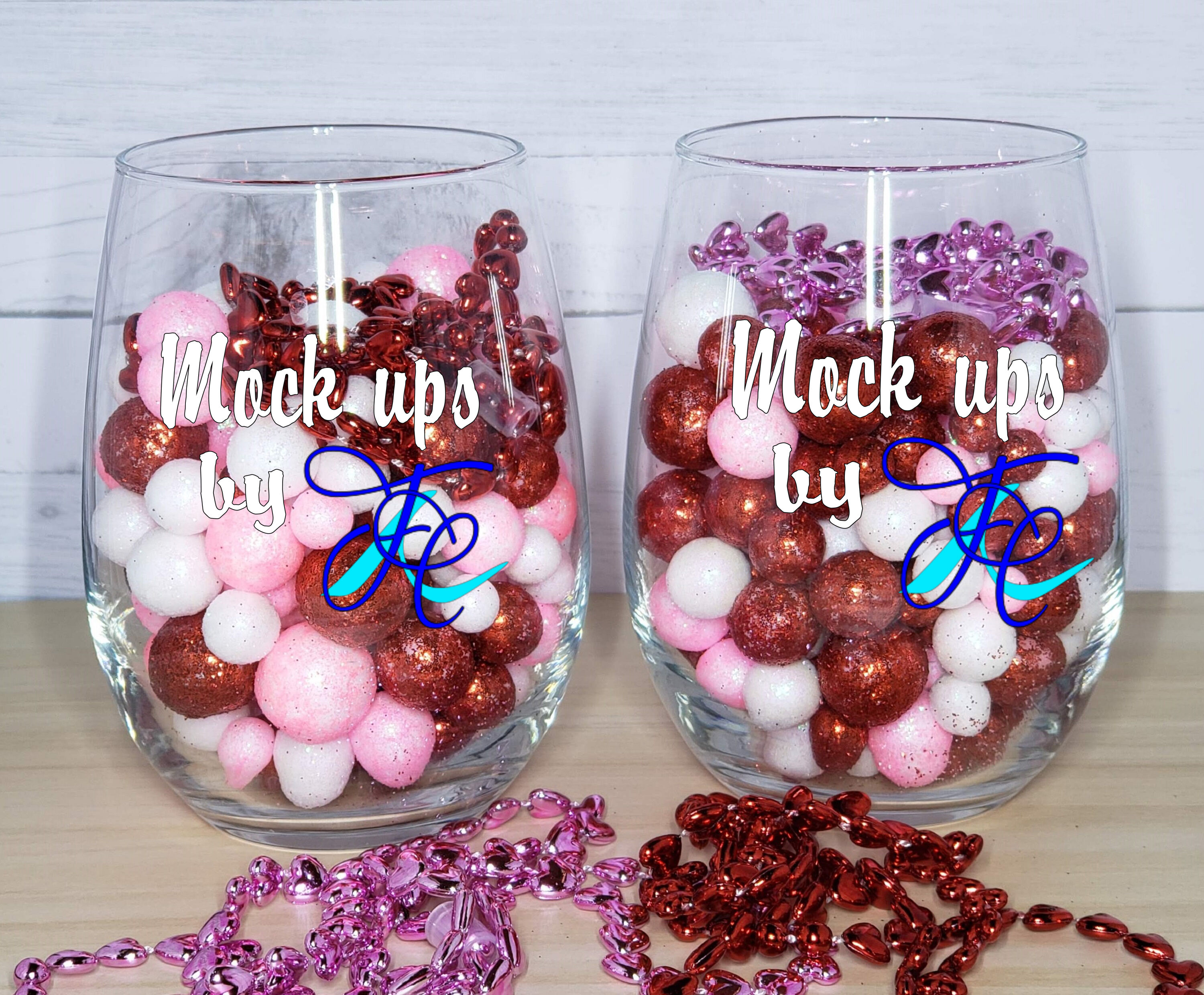 No Stem Wine Glass Mockup with Red Valentine Hearts Stock Photo by