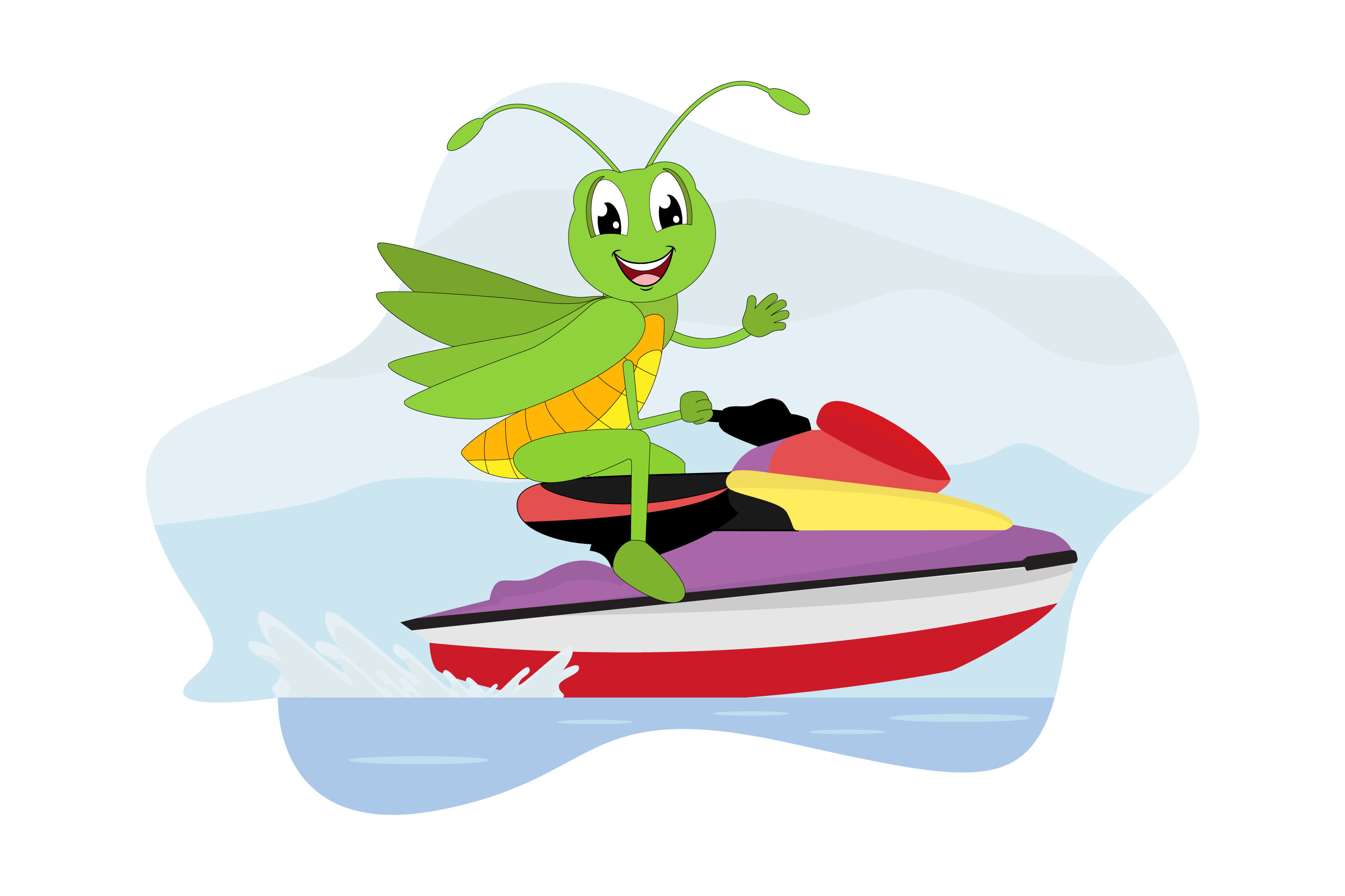 cute grasshopper cartoon ride speedboat By CurutDesign | TheHungryJPEG