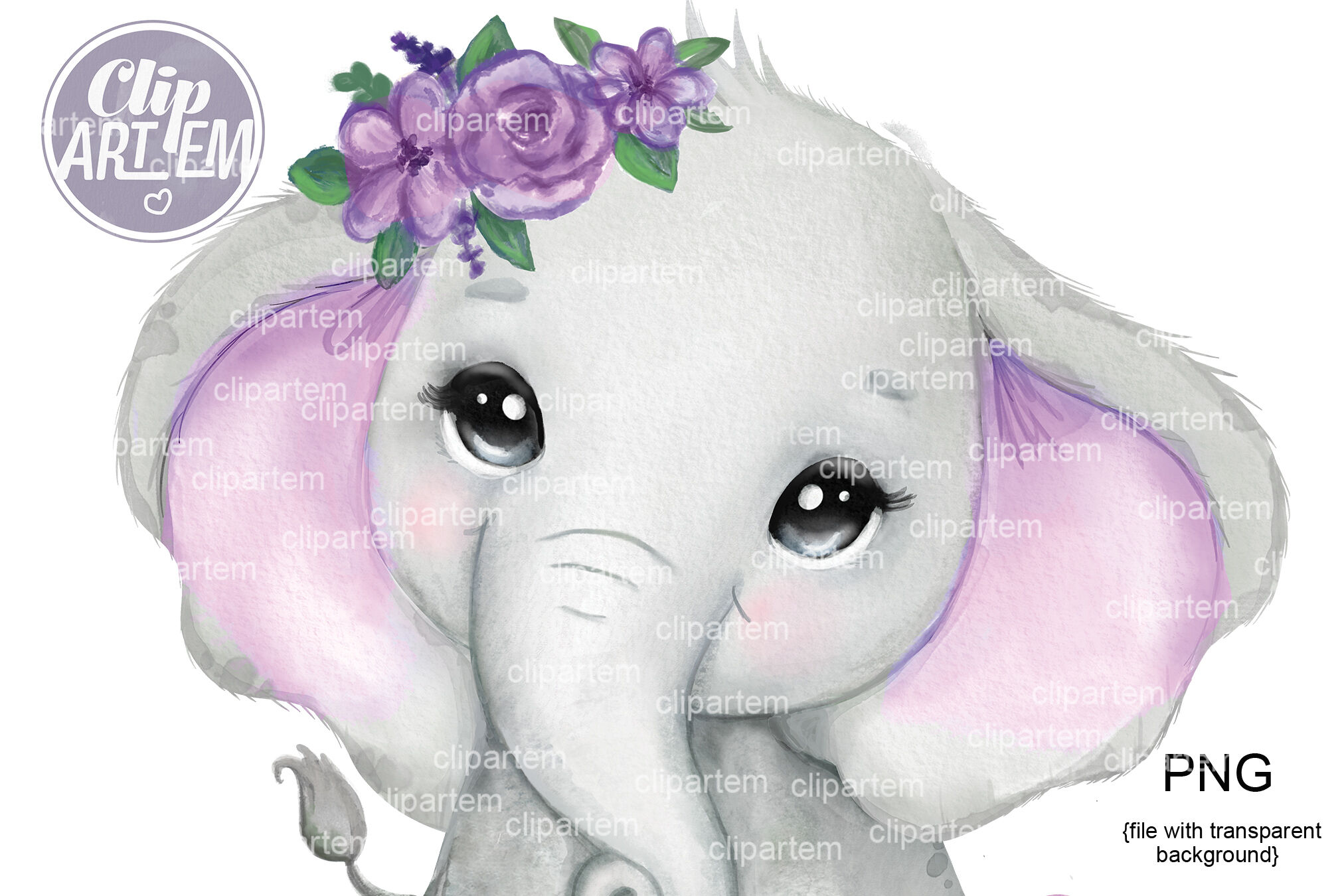 Cute Cute Elephant Girl with Purple Flower Watercolor PNG By clipArtem