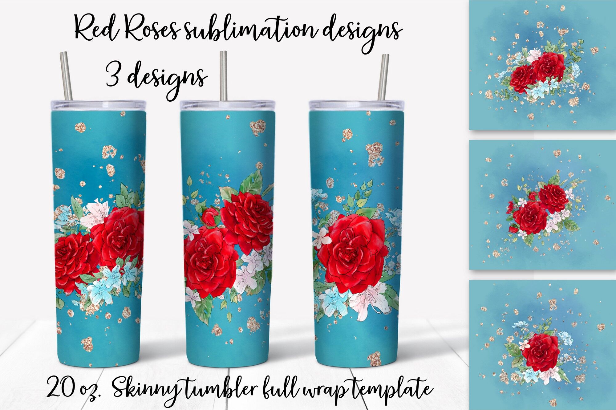 Valentine day Gift 30 oz Skinny Tumbler Sublimation Design Template PNG Colourful Roses