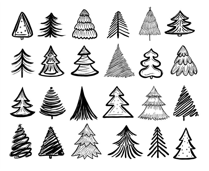 Sketch fir tree. Christmas trees scribble pen drawn holiday decoration