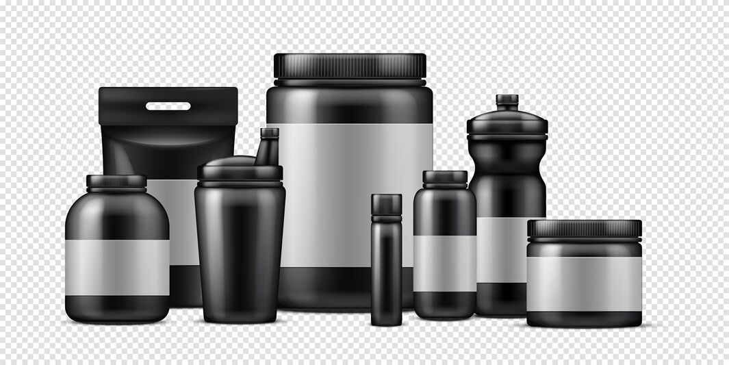 Sport food containers. Protein powder container and plastic drink bott By  Microvector
