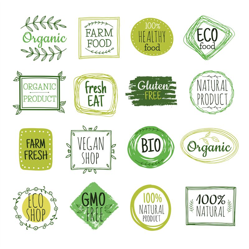 Bio labels. Vegan green eco food, gluten free natural farm product lab ...