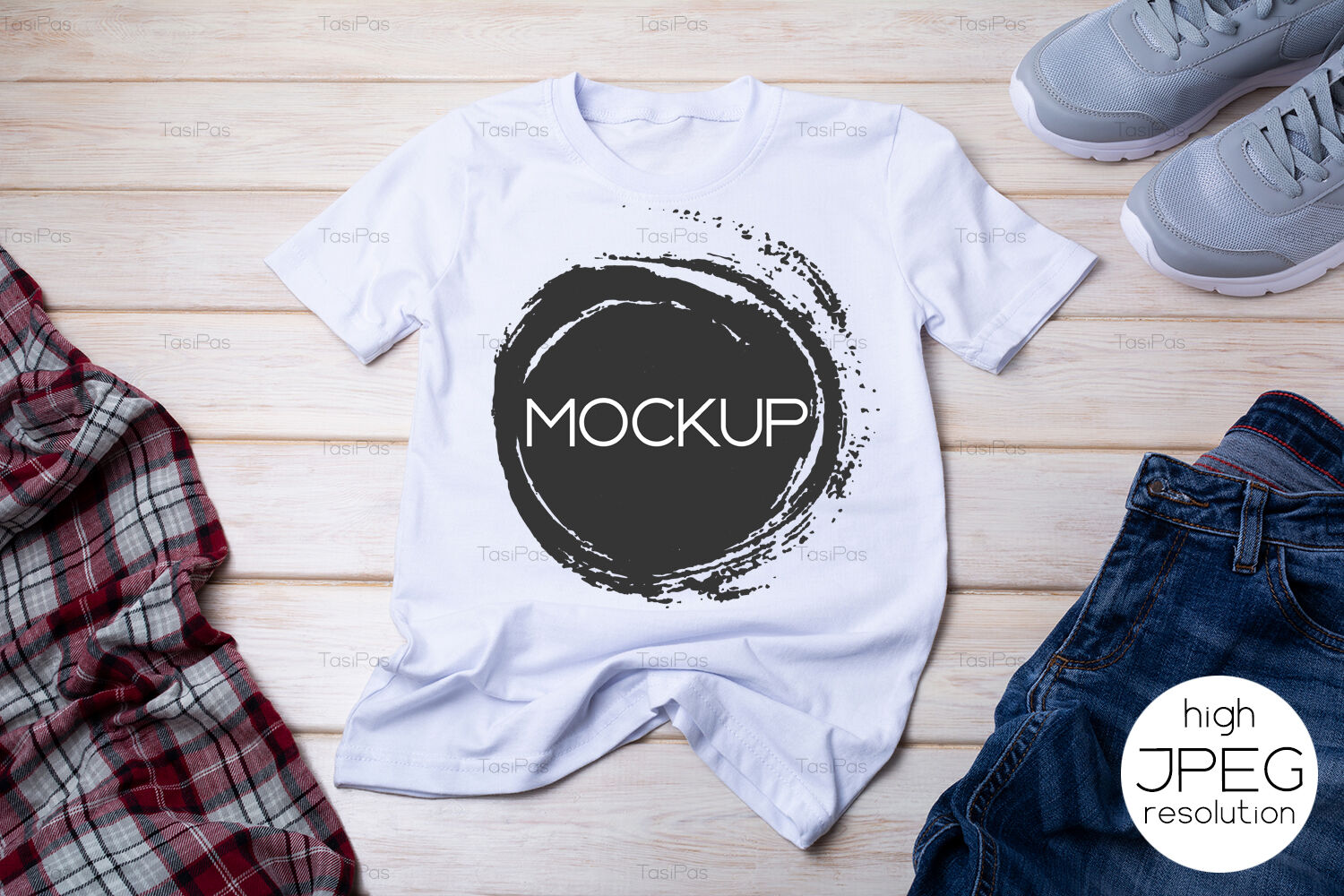 Download Mens T Shirt Mockup With Indigo Jeans And Gray Running Shoes By Tasipas Thehungryjpeg Com