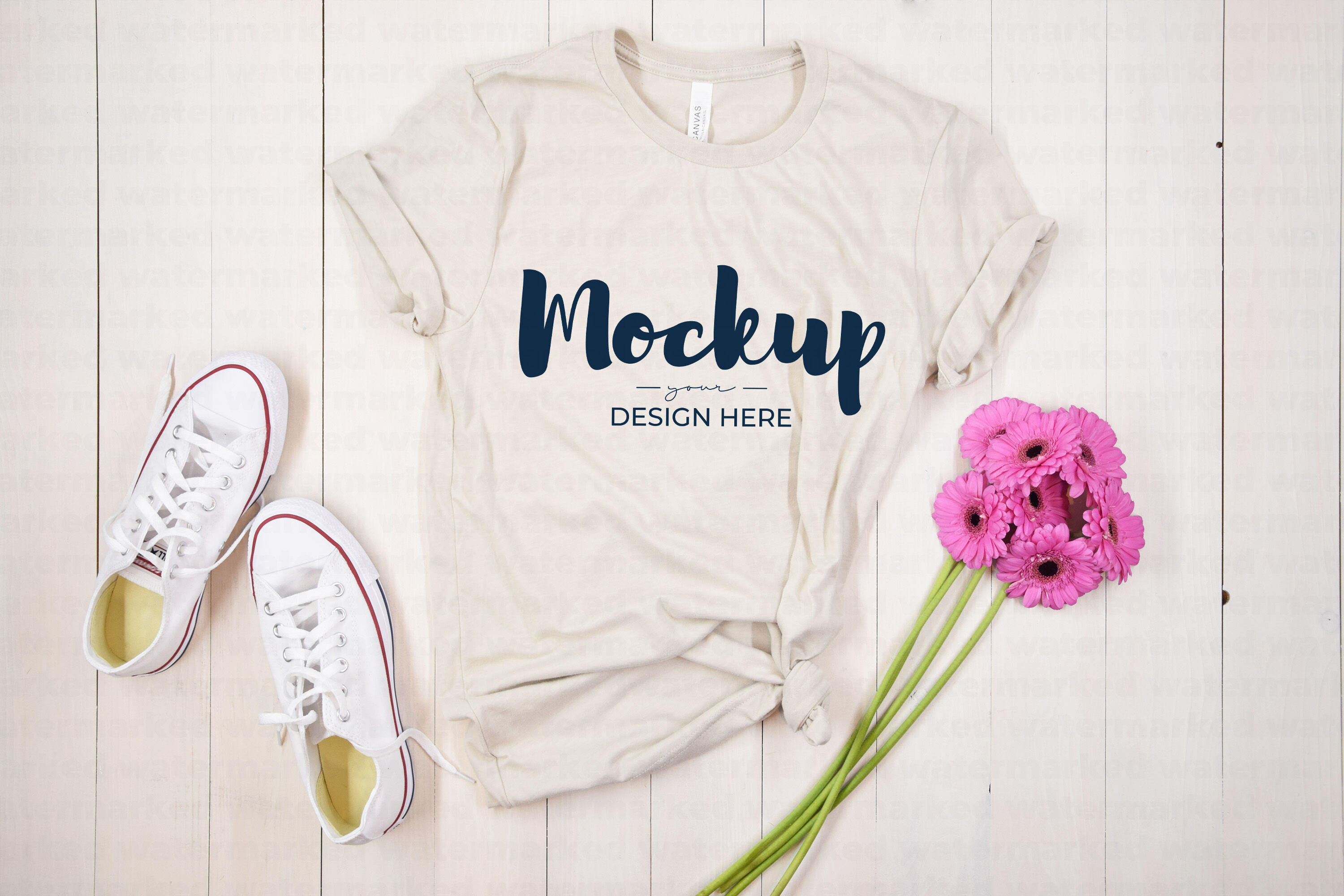 Download Beige T Shirt Mockup With Flowers By My Mockup Studio Thehungryjpeg Com