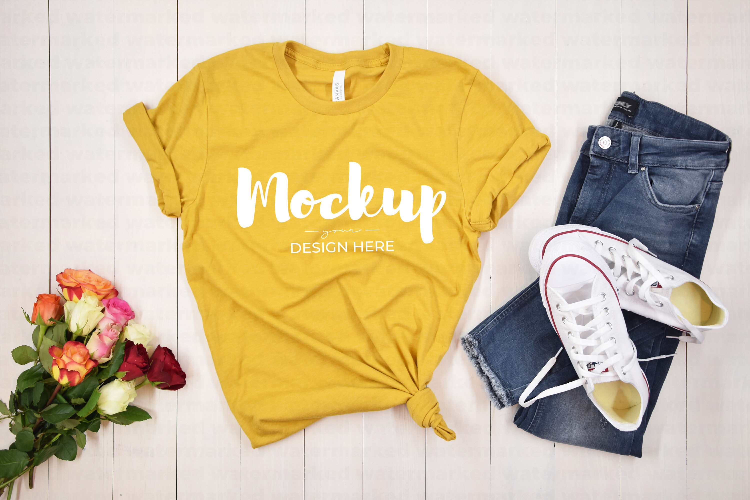 Download Yellow T Shirt Mockup With Roses By My Mockup Studio Thehungryjpeg Com