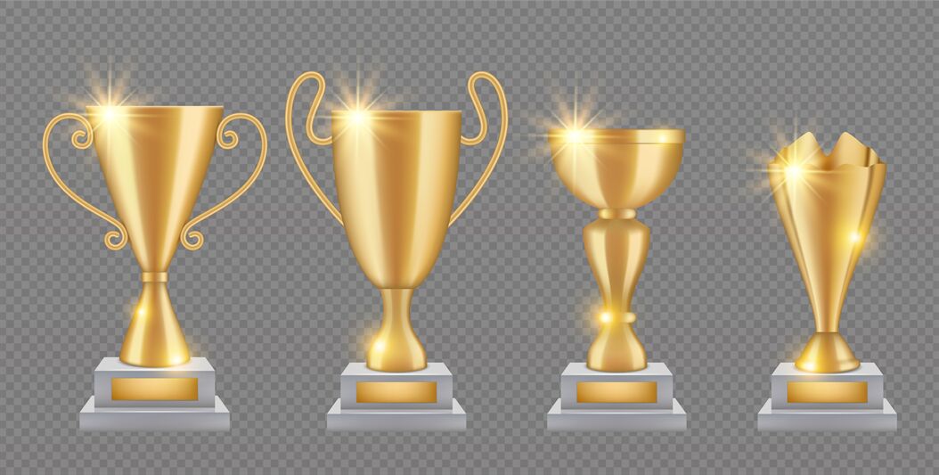 Gold trophy. Realistic golden award cups collection. Shine trophies is ...