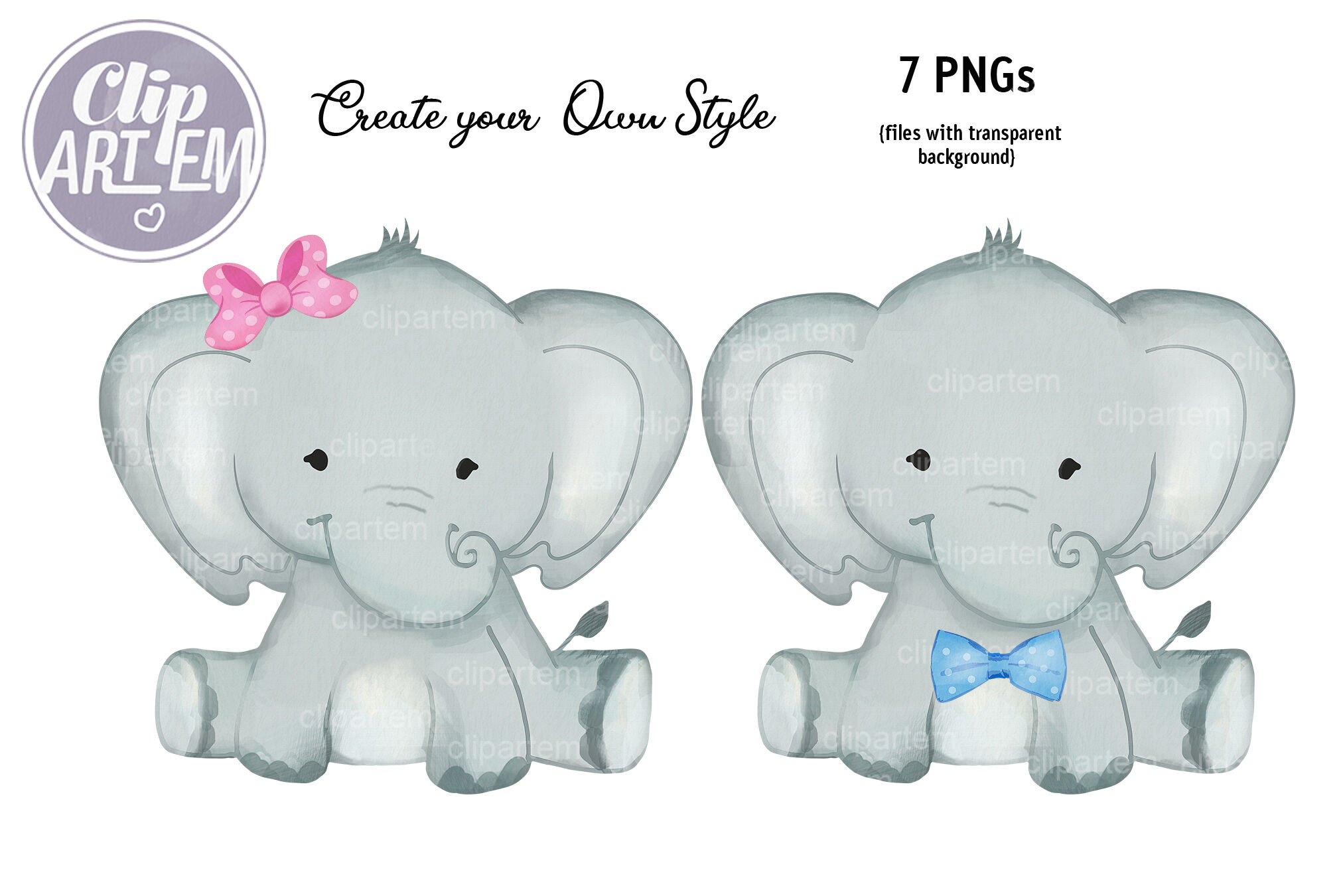 Watercolor Baby Elephants Boy Girl Png Set Watercolor Clip Art By Clipartem Thehungryjpeg Com