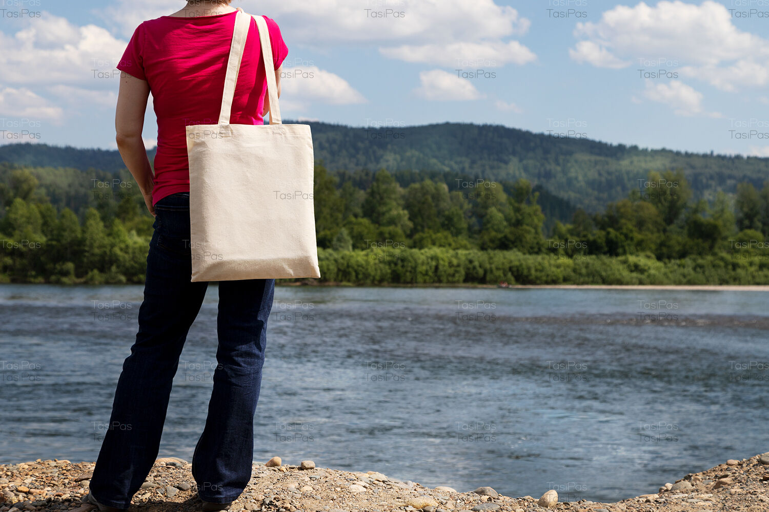 Download Woman Holding Eco Bag Mockup River View By Tasipas Thehungryjpeg Com
