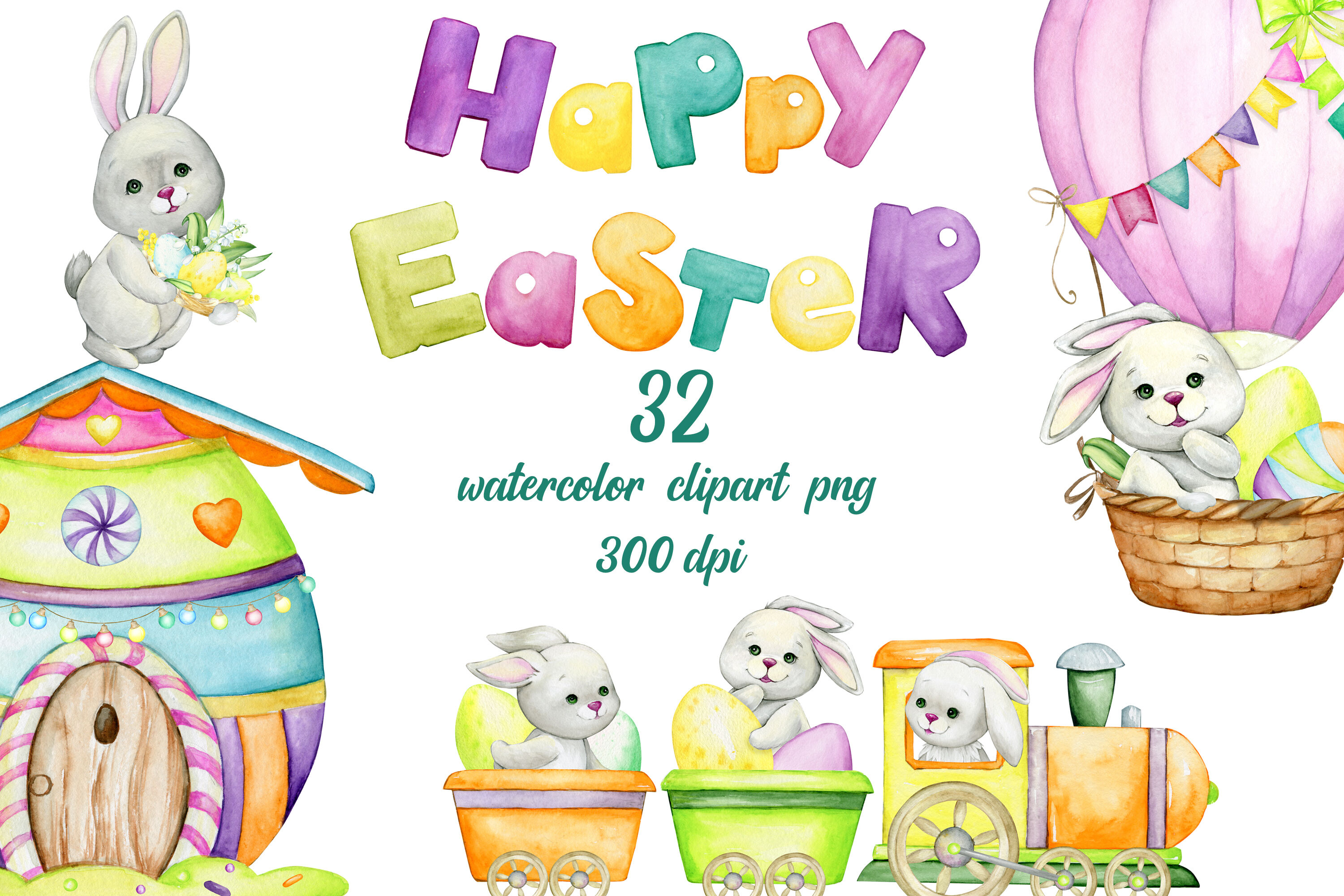 Watercolor animals, bunnies, Cute Rabbit, happy Easter clip art, Hand By  NLia2020 | TheHungryJPEG