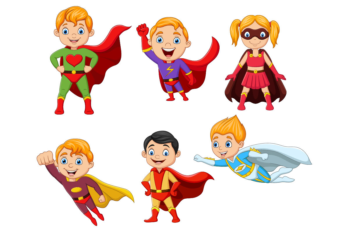 Set of Six Cute Superhero Kids Character By tigatelu | TheHungryJPEG