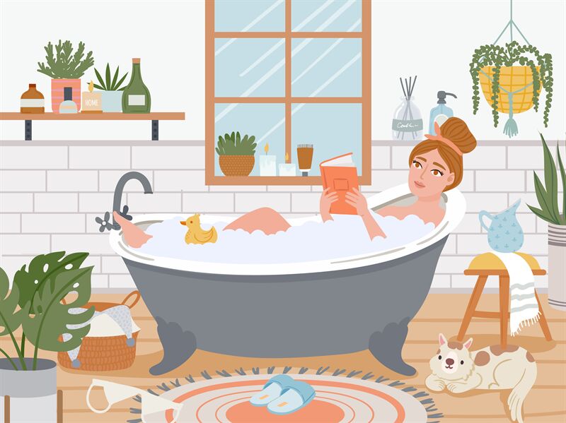 Woman in bath. Relaxed girl in bathtub with foam bubbles read in bathr ...