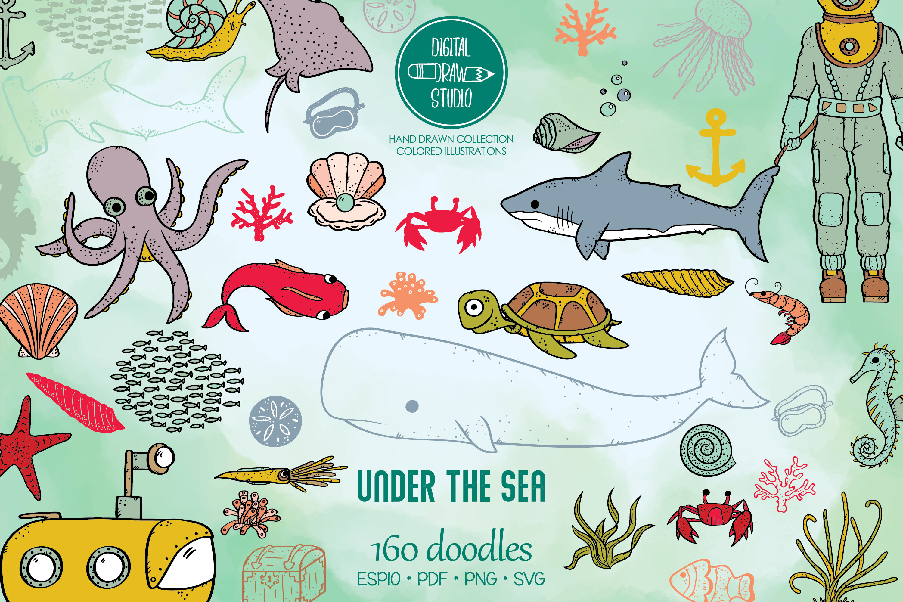 Underwater Sea Animals Drawing With Colour : Vector Illustration Of A