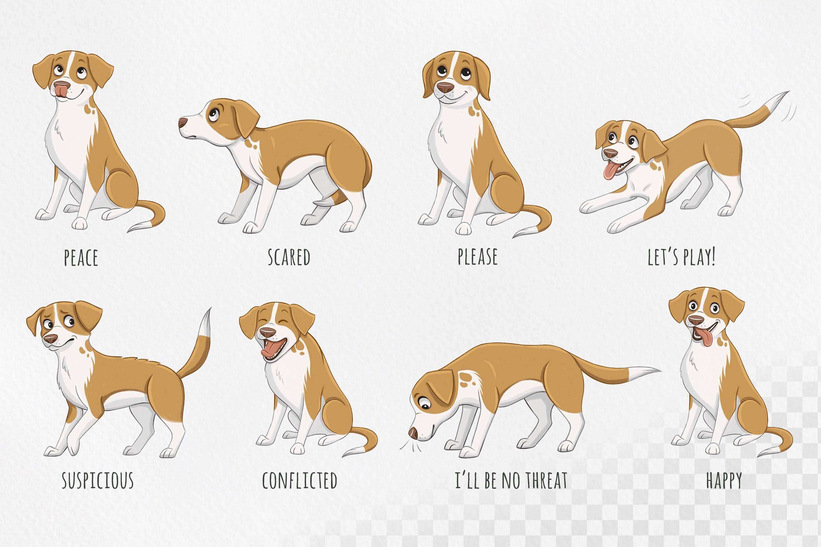 Dogs body language. Cartoon style illustrations funny dog By Susik Shop |  TheHungryJPEG