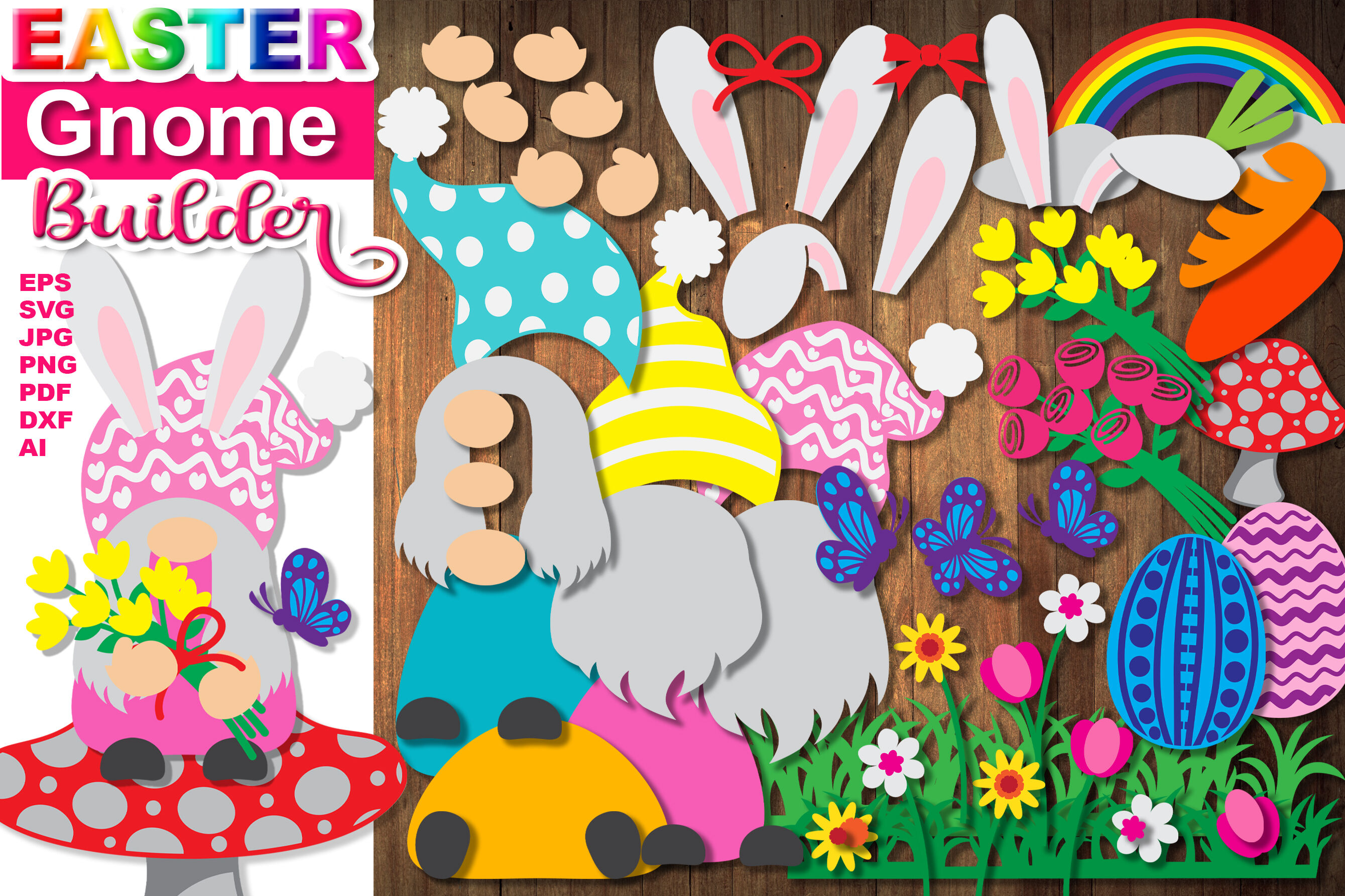 Easter Bunny Gnome Builder Layered SVG Clip Art Set By Mandala Creator