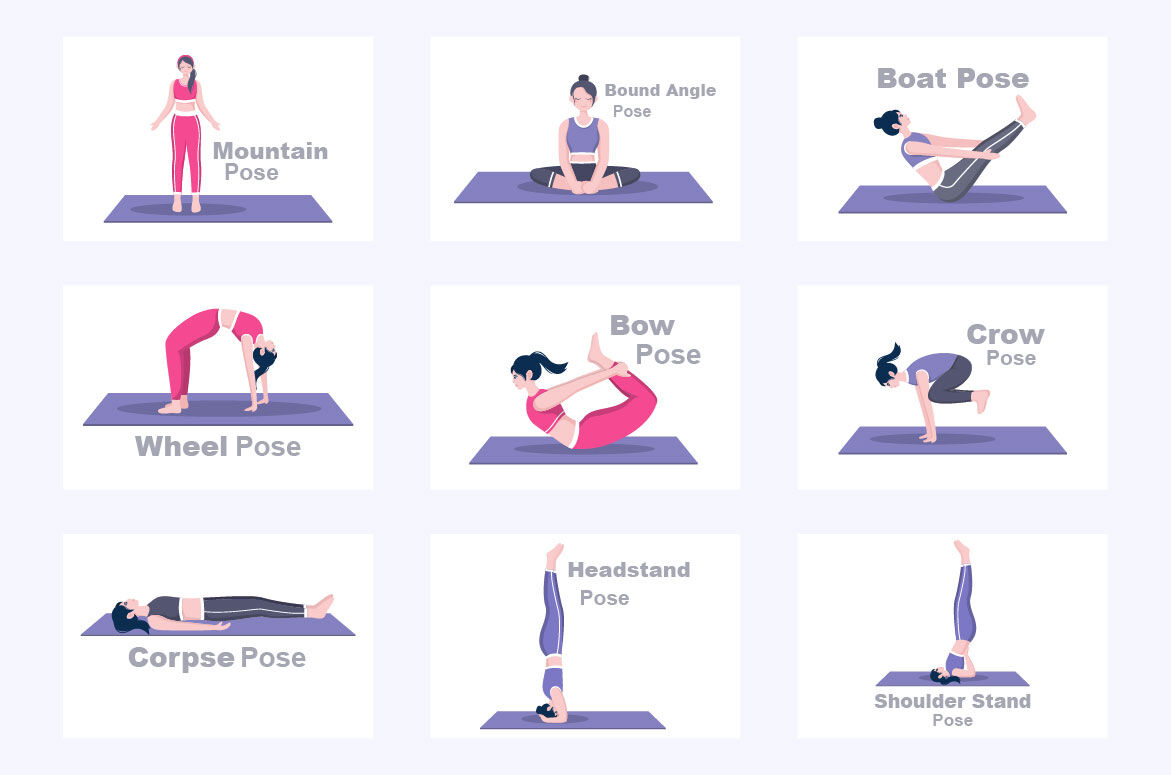 30 Yoga Poses and Fitness Exercises Illustration 2211807 Vector