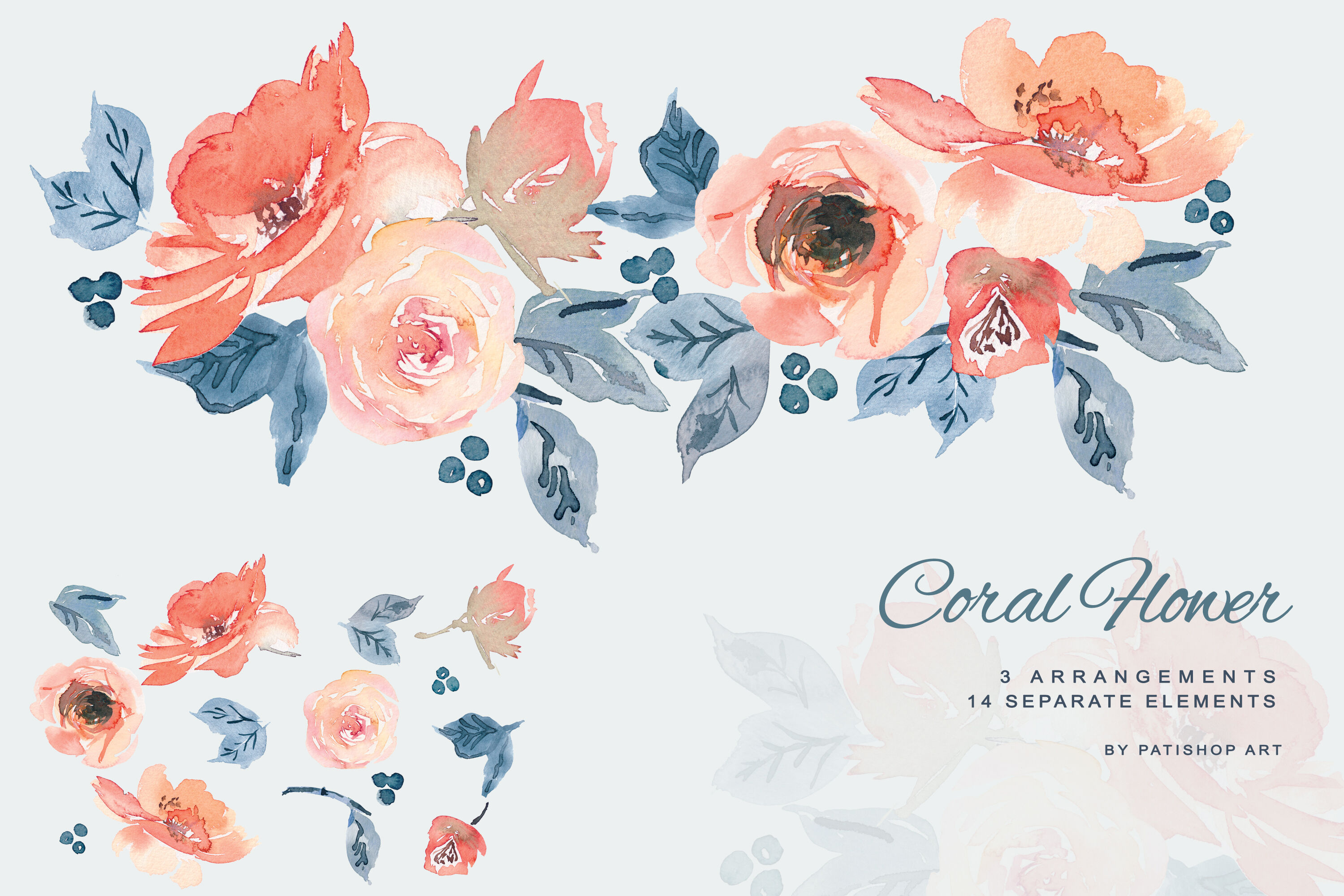Watercolor Coral & Dusty Blue Floral Clip Art By Patishop Art ...