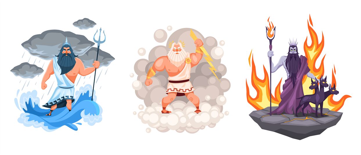 Three Main Greek Gods Cartoon Zeus Poseidon And Hades Elements Surro By Yummybuum Thehungryjpeg Com