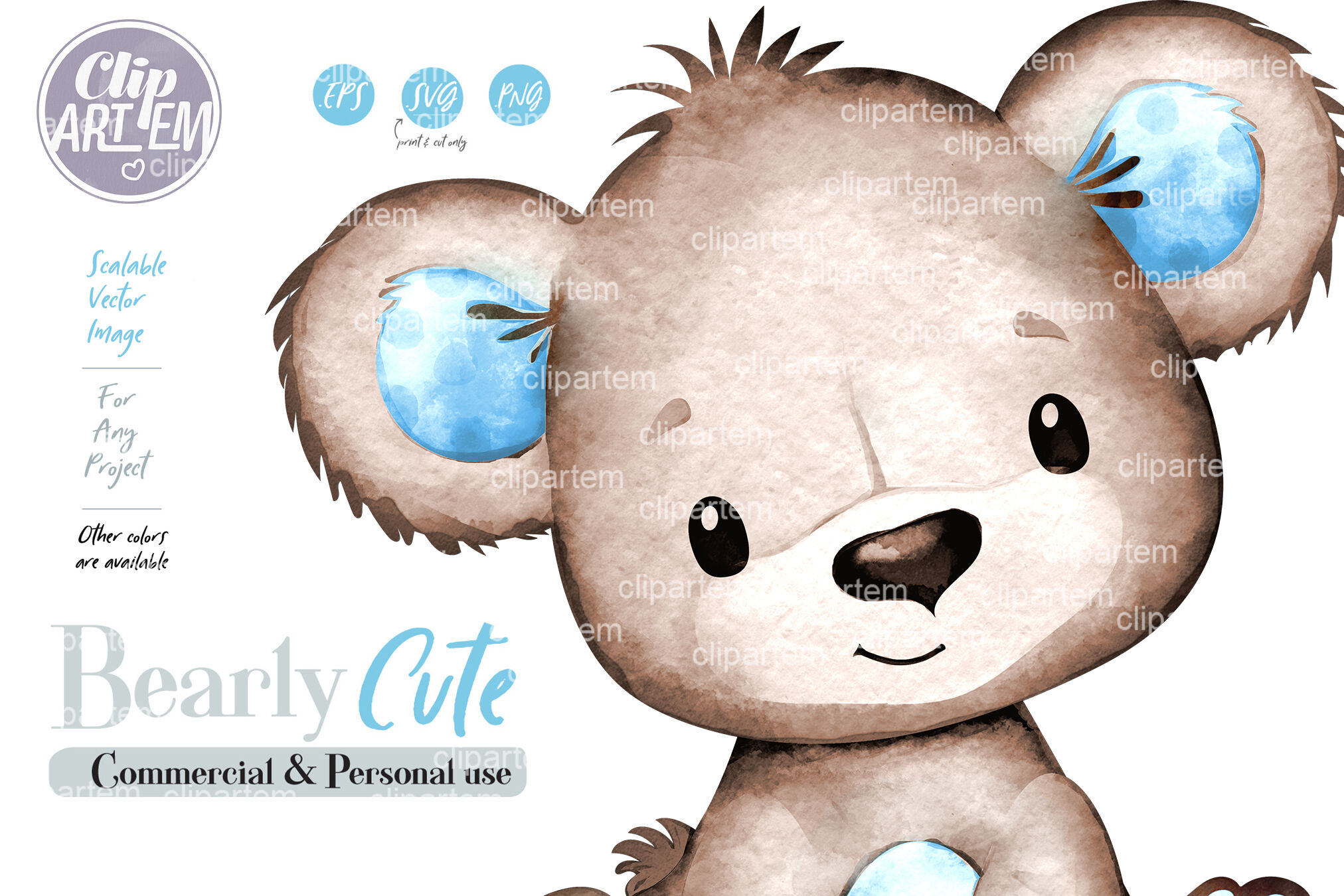 Blue Brown Bear Baby Boy PNG clip art, sublimation, watercolor By clipArtem  | TheHungryJPEG