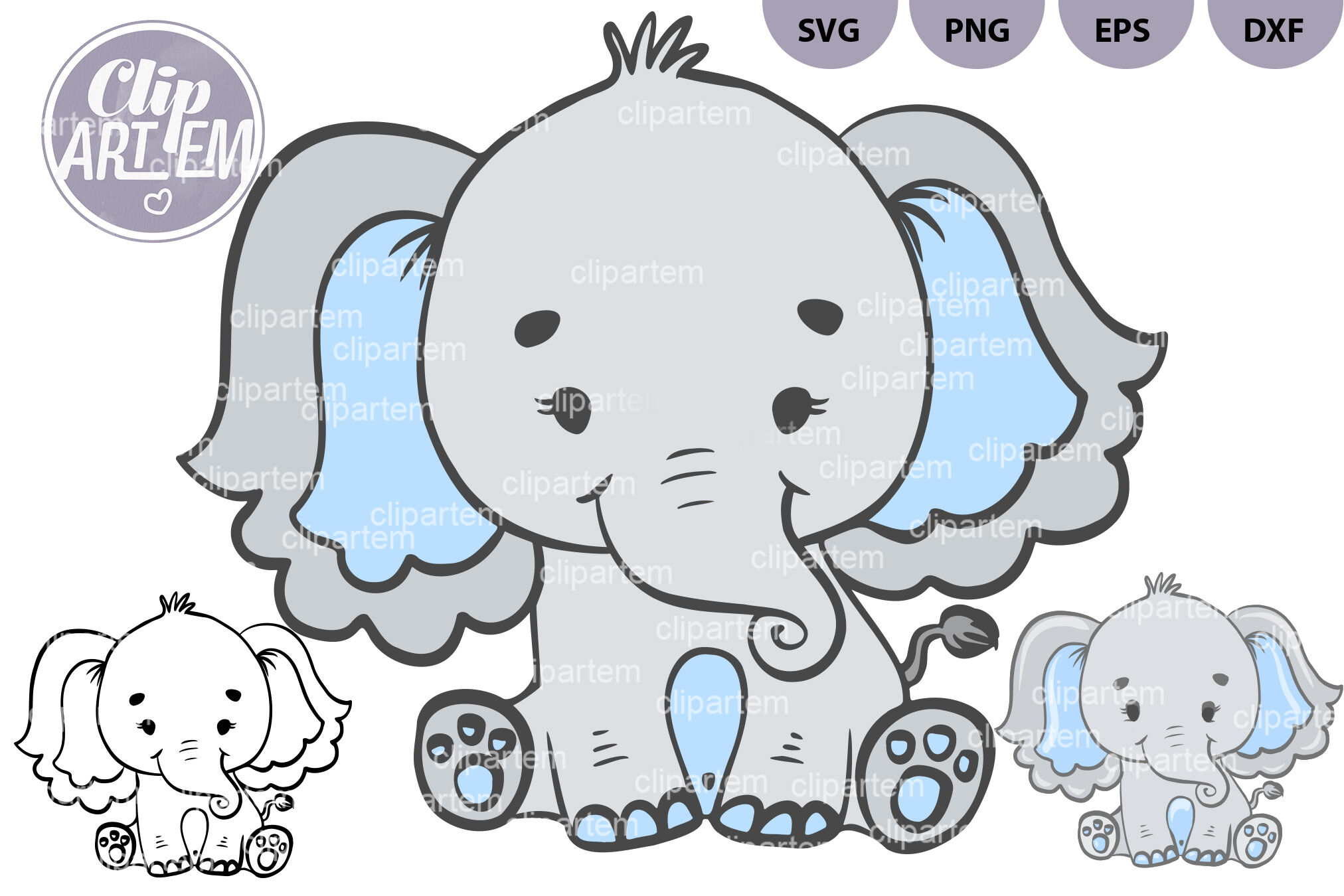 Download Sweet Boy Elephant With Blue Ears Svg Vector Clip Art By Clipartem Thehungryjpeg Com