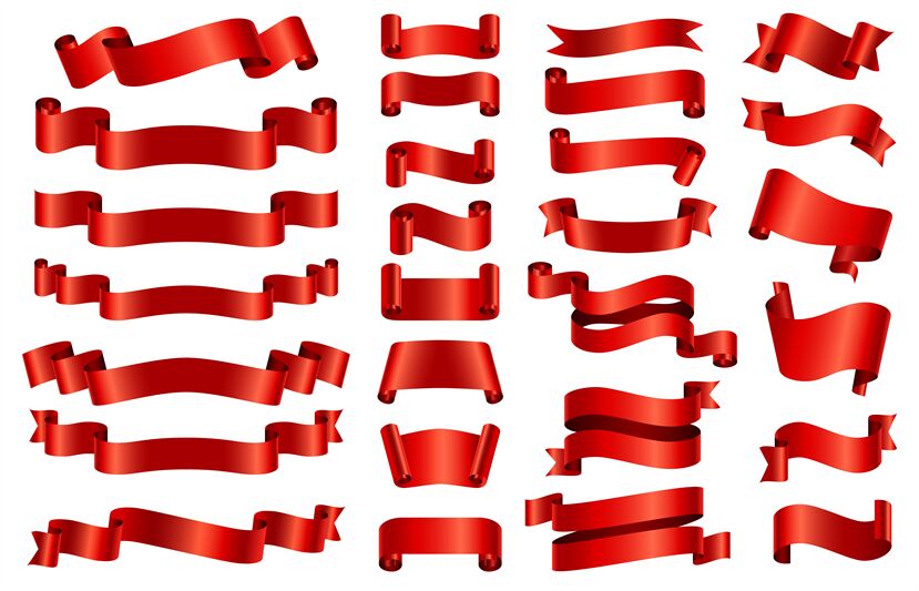 Red silk ribbon banners. 3d curved and spiral glossy ribbons for