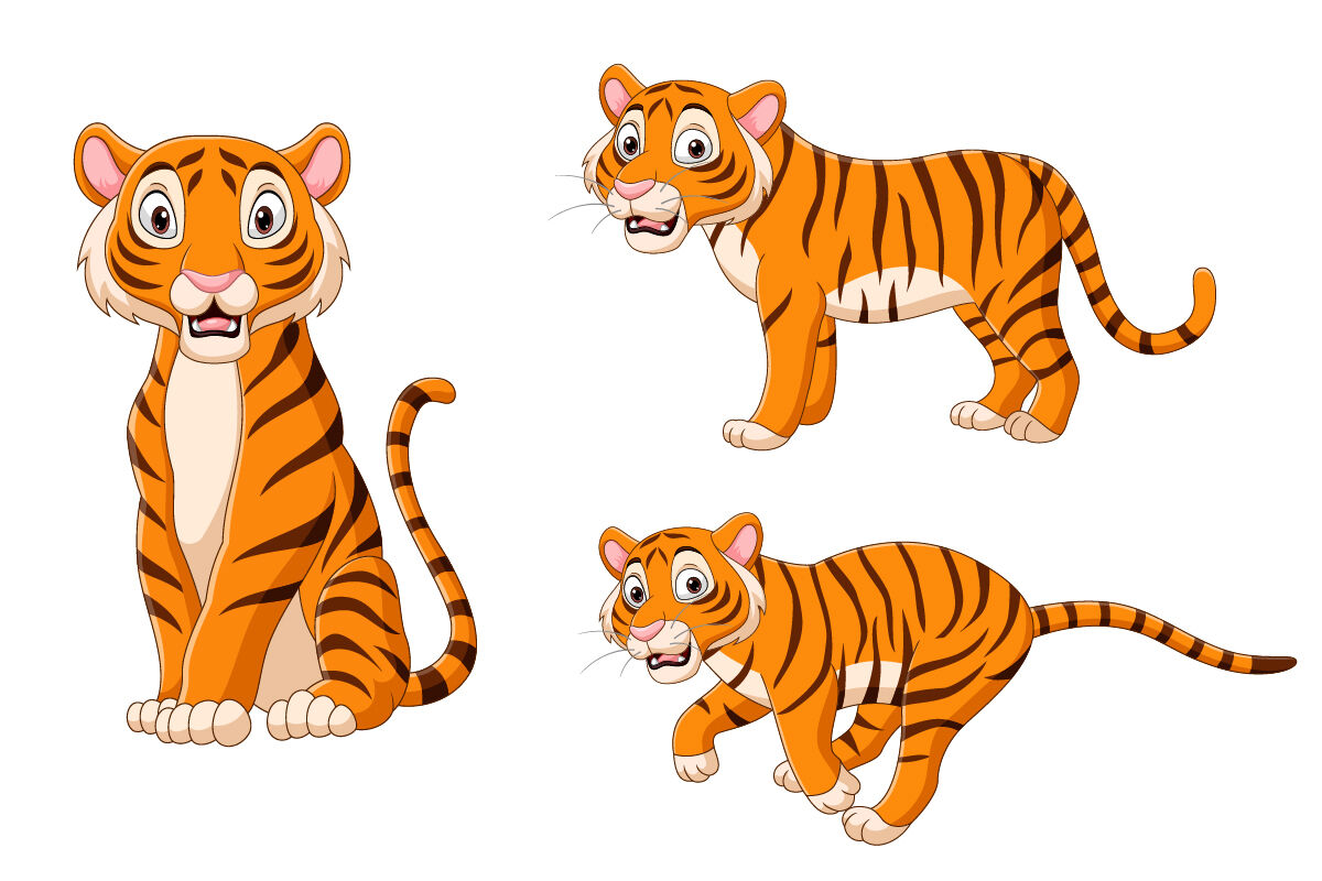 Set of Six Tigers Cartoon Collection By tigatelu | TheHungryJPEG